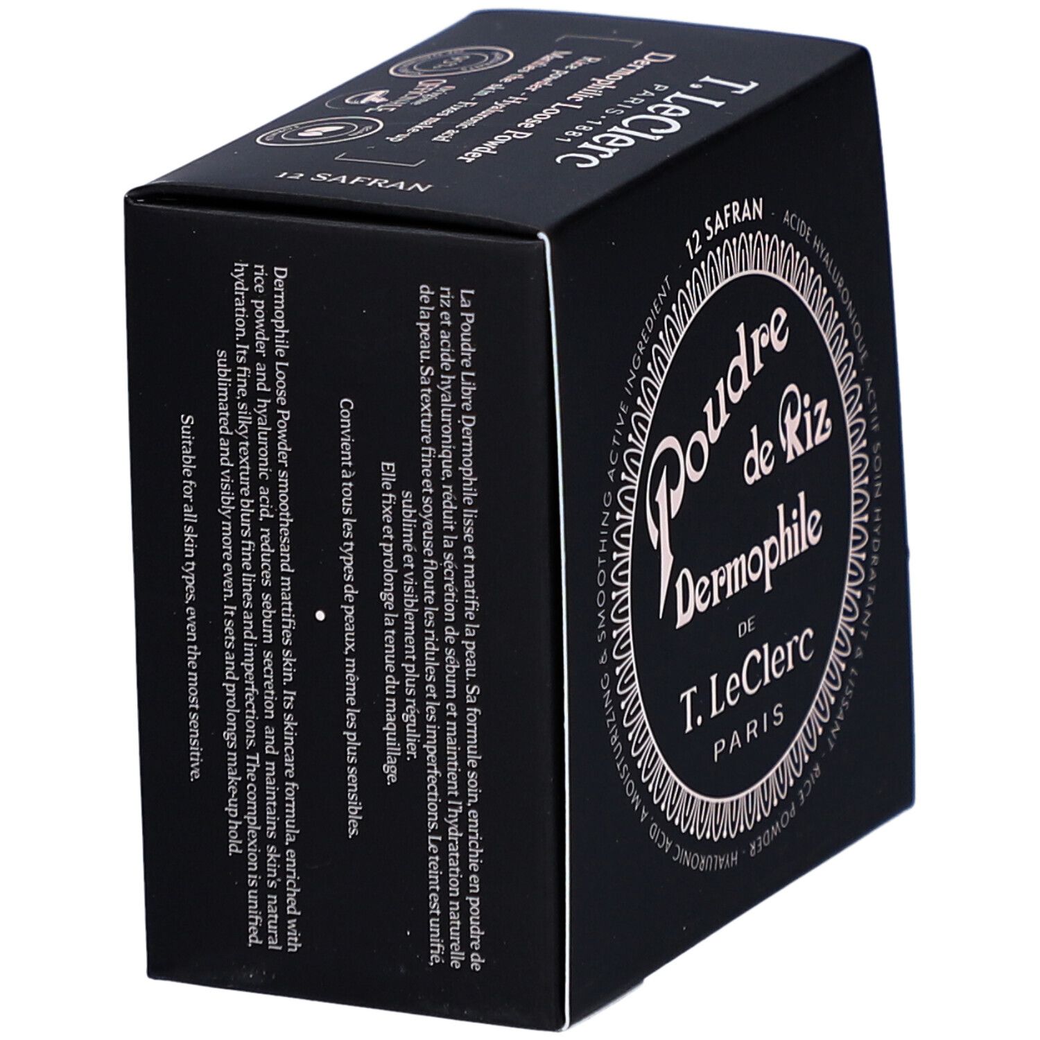 Schwarze Verpackung von T. LeClerc Poudre Libre 12 Safran. Aufschrift: Poudre de Riz Dermophile.