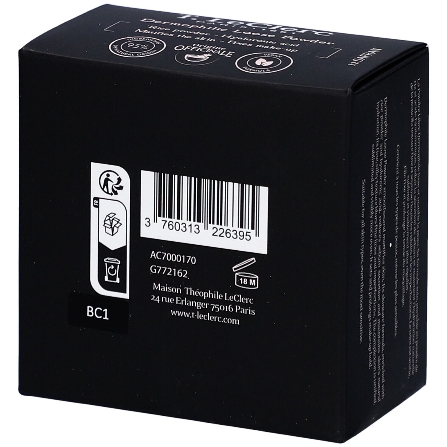 Rückseite der schwarzen Verpackung von T. LeClerc Poudre Libre 12 Safran. Barcode und Text.