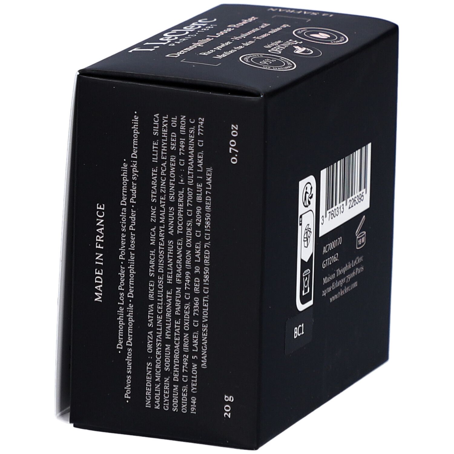 Seite der schwarzen Verpackung von T. LeClerc Poudre Libre 12 Safran. Inhaltsstoffe und Text.