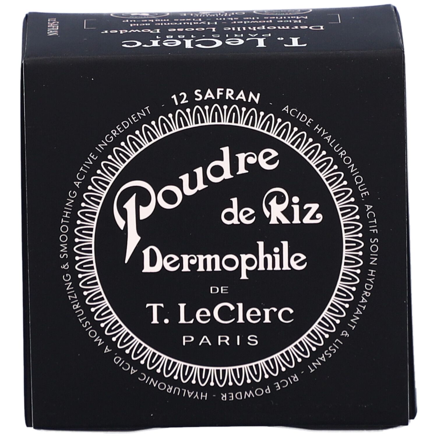 Schwarze Verpackung von T. LeClerc Poudre Libre 12 Safran. Aufschrift: Poudre de Riz Dermophile.