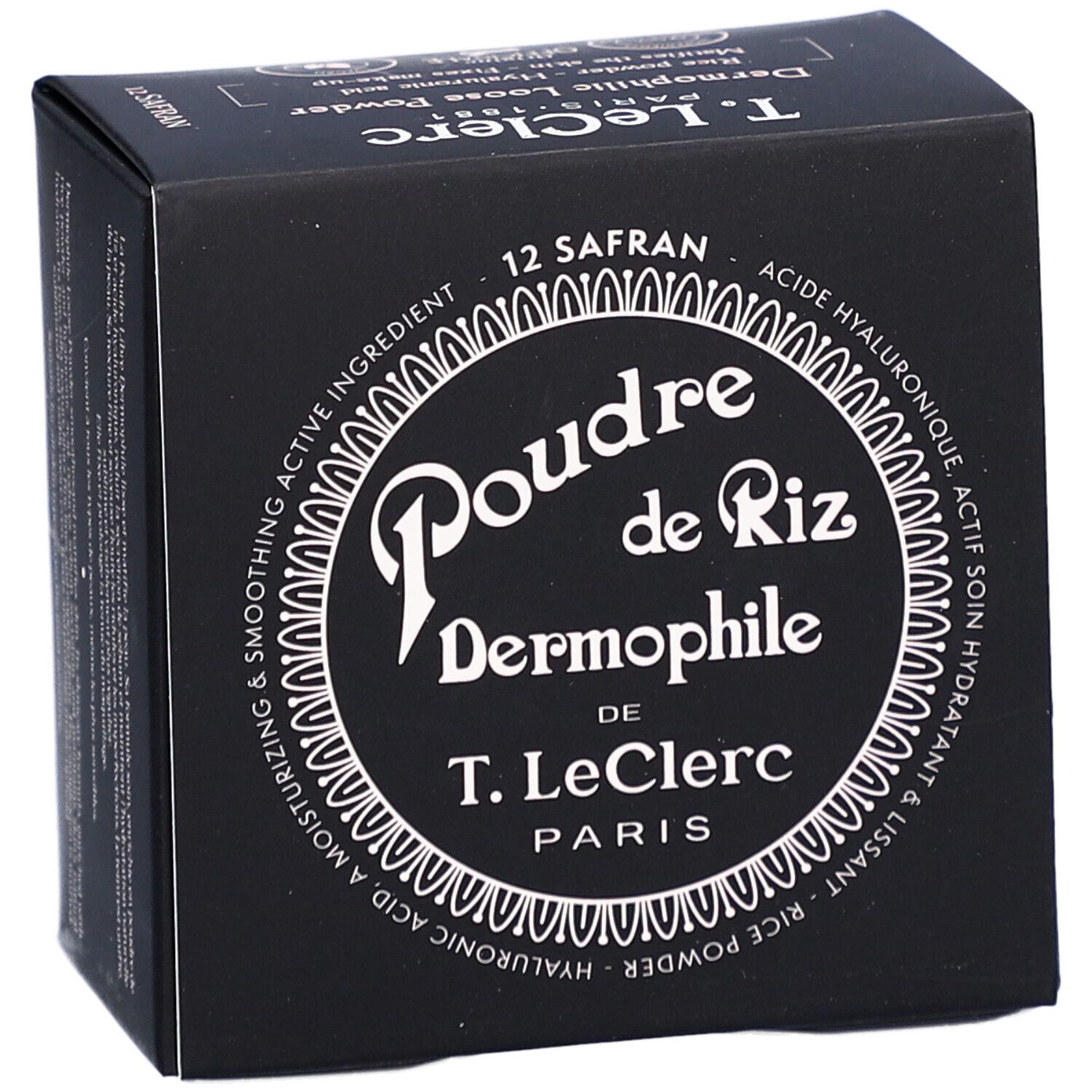 Schwarze Verpackung von T. LeClerc Poudre Libre 12 Safran. Aufschrift: Poudre de Riz Dermophile.