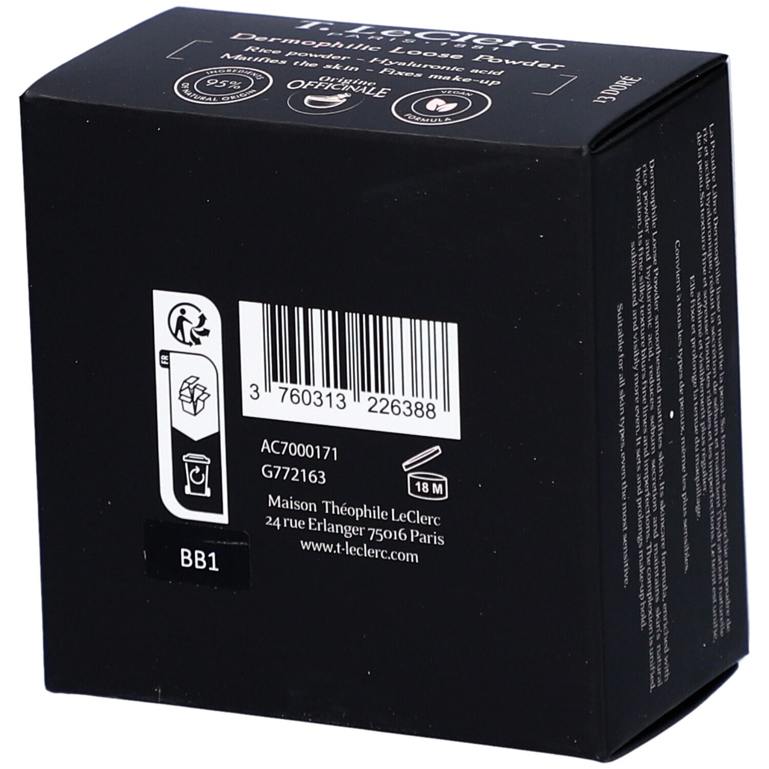 Rückseite der schwarzen Verpackung. Barcode, Text und Logos. "BB1" unten links.