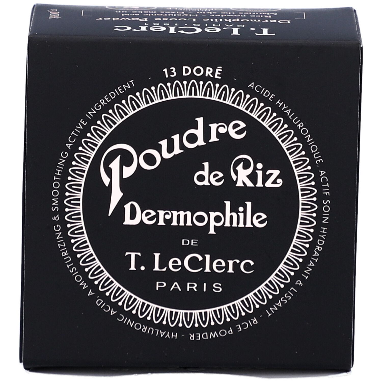 Schwarze Verpackung mit weißem Text. Oben steht "13 DORE". Das Logo "Poudre de Riz Dermophile" ist mittig platziert.