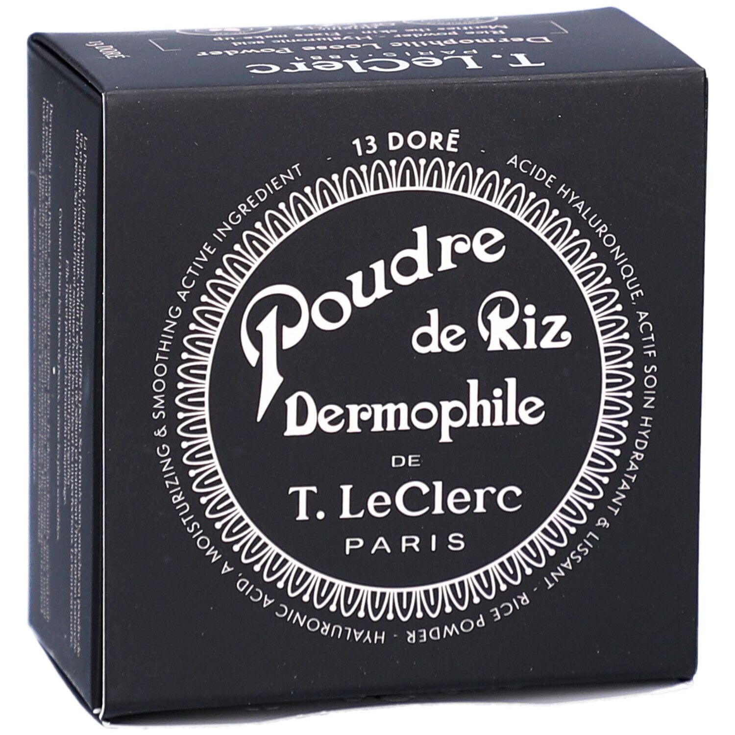 Schwarze Verpackung mit weißem Text. Oben steht "13 DORE". Das Logo "Poudre de Riz Dermophile" ist mittig platziert.