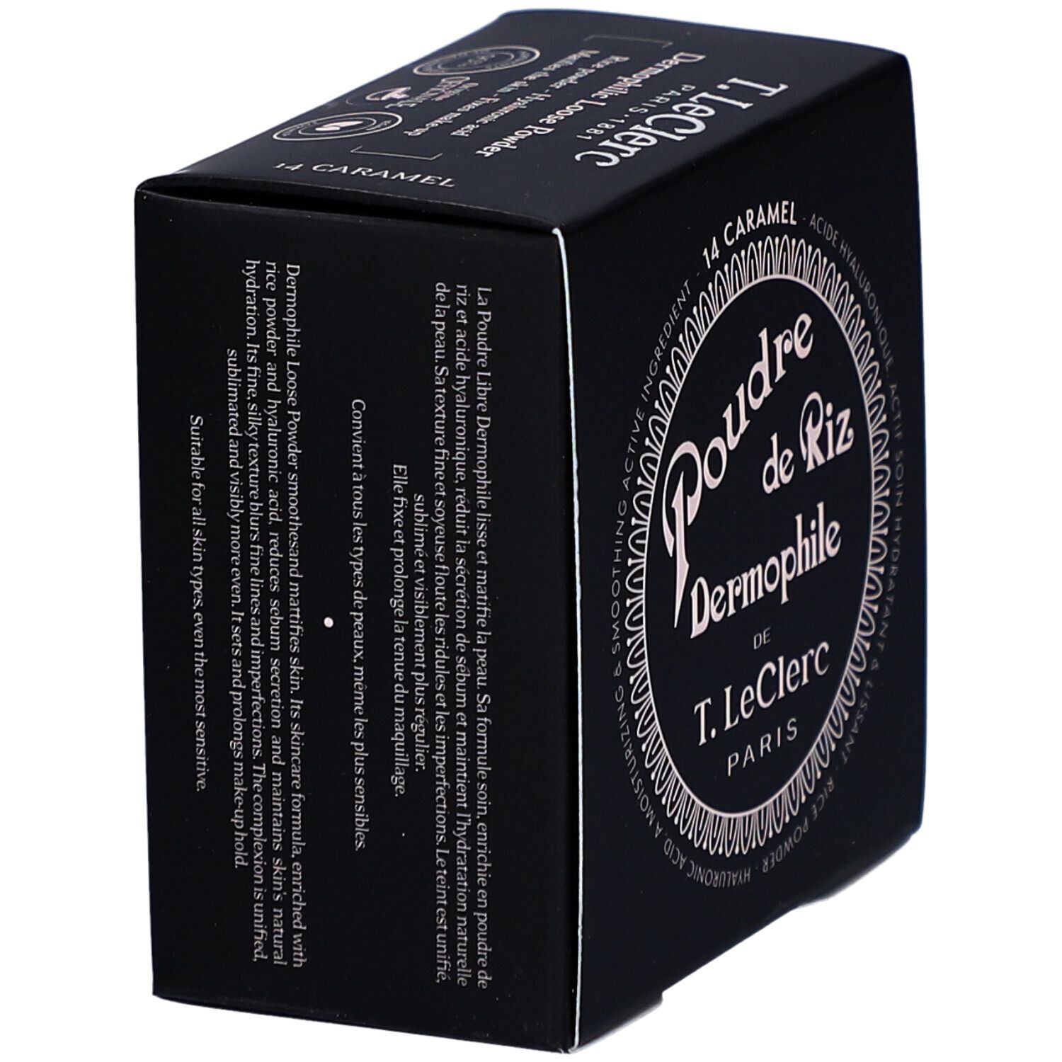 Schwarze Verpackung, schräg. Produktname und Farbton 14 Caramel. Text in Weiß. Marke T. LeClerc.
