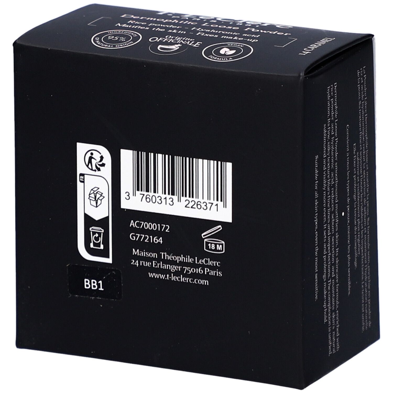 Rückseite der schwarzen Verpackung. Barcode, Produktinformationen und Marke T. LeClerc.