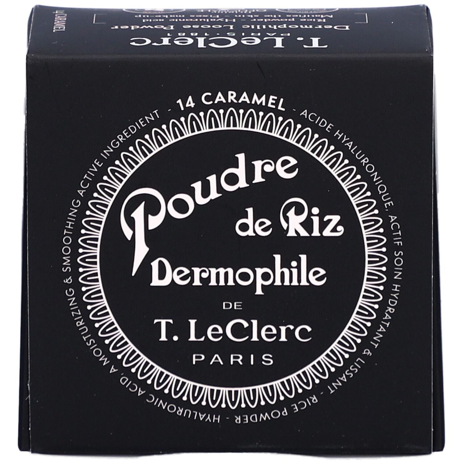 Schwarze Verpackung mit Produktnamen und Farbton 14 Caramel. Text in Weiß. Marke T. LeClerc.