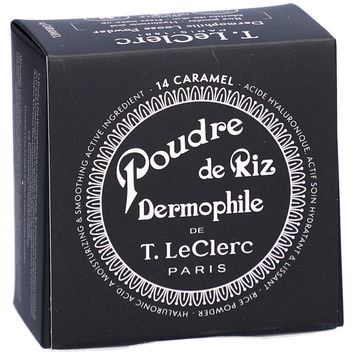 Schwarze Verpackung mit Produktnamen und Farbton 14 Caramel. Text in Weiß. Marke T. LeClerc.