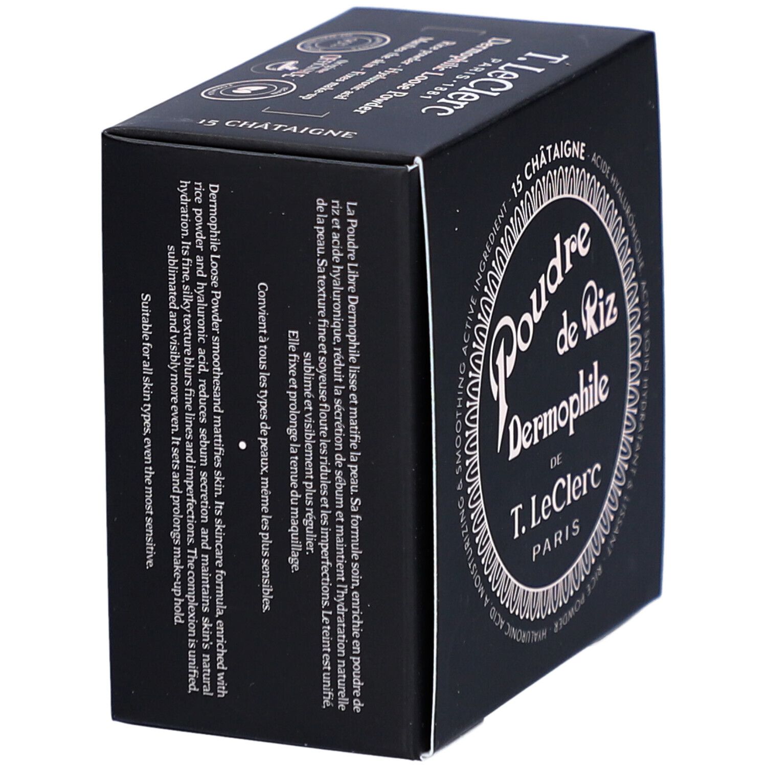 Schwarze Schachtel, Produktname: Poudre de Riz Dermophile. Marke: T. LeClerc Paris. Farbton: 15 Châtaigne. Text auf Französisch.