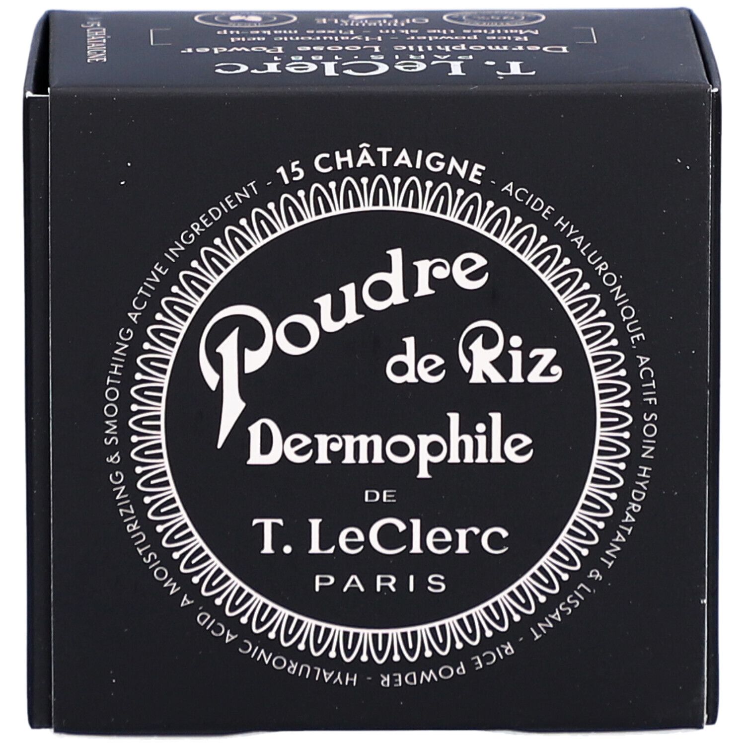 Schwarze Schachtel mit weißem Text. Produktname: Poudre de Riz Dermophile. Marke: T. LeClerc Paris. Farbton: 15 Châtaigne.