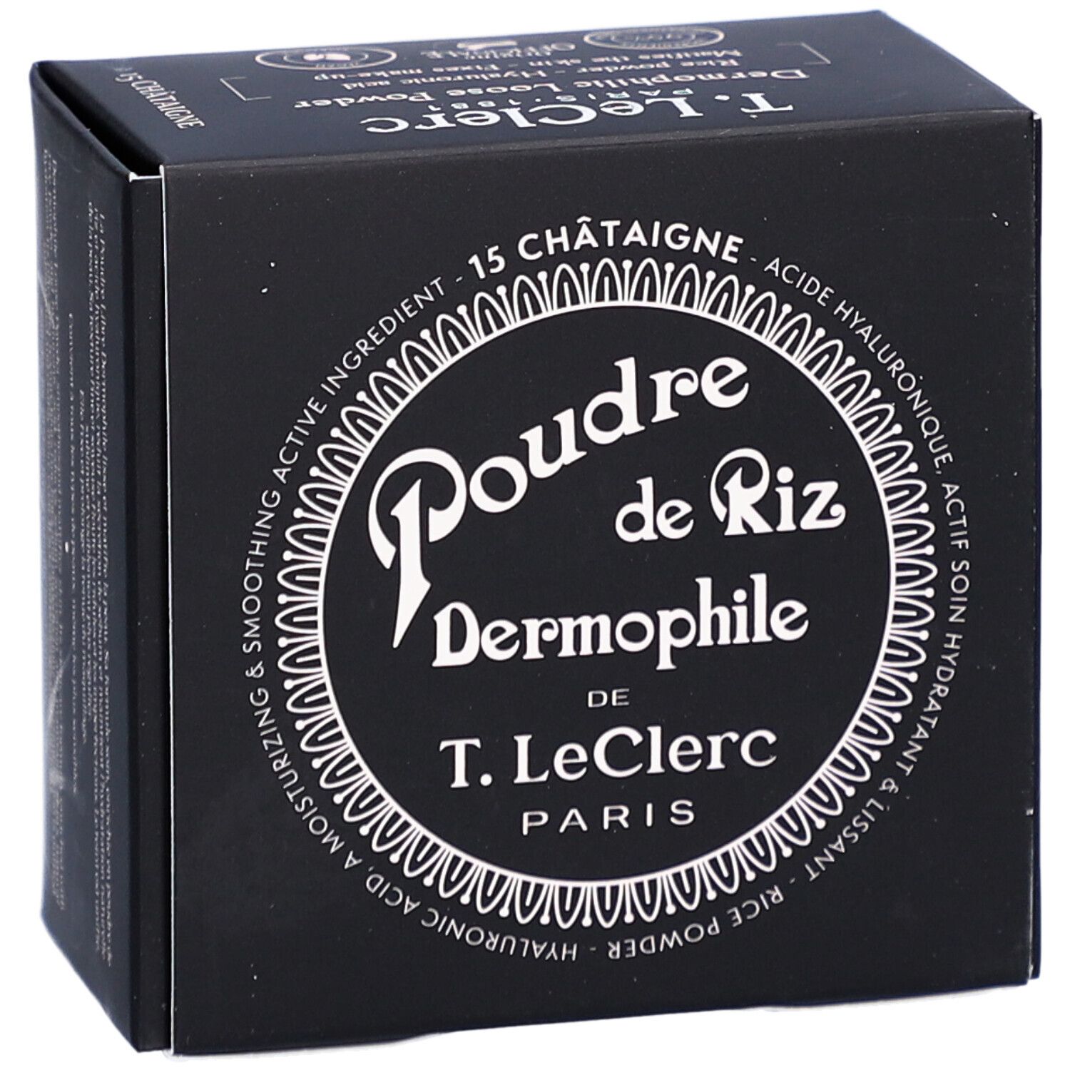 Schwarze Schachtel mit weißem Text. Produktname: Poudre de Riz Dermophile. Marke: T. LeClerc Paris. Farbton: 15 Châtaigne.