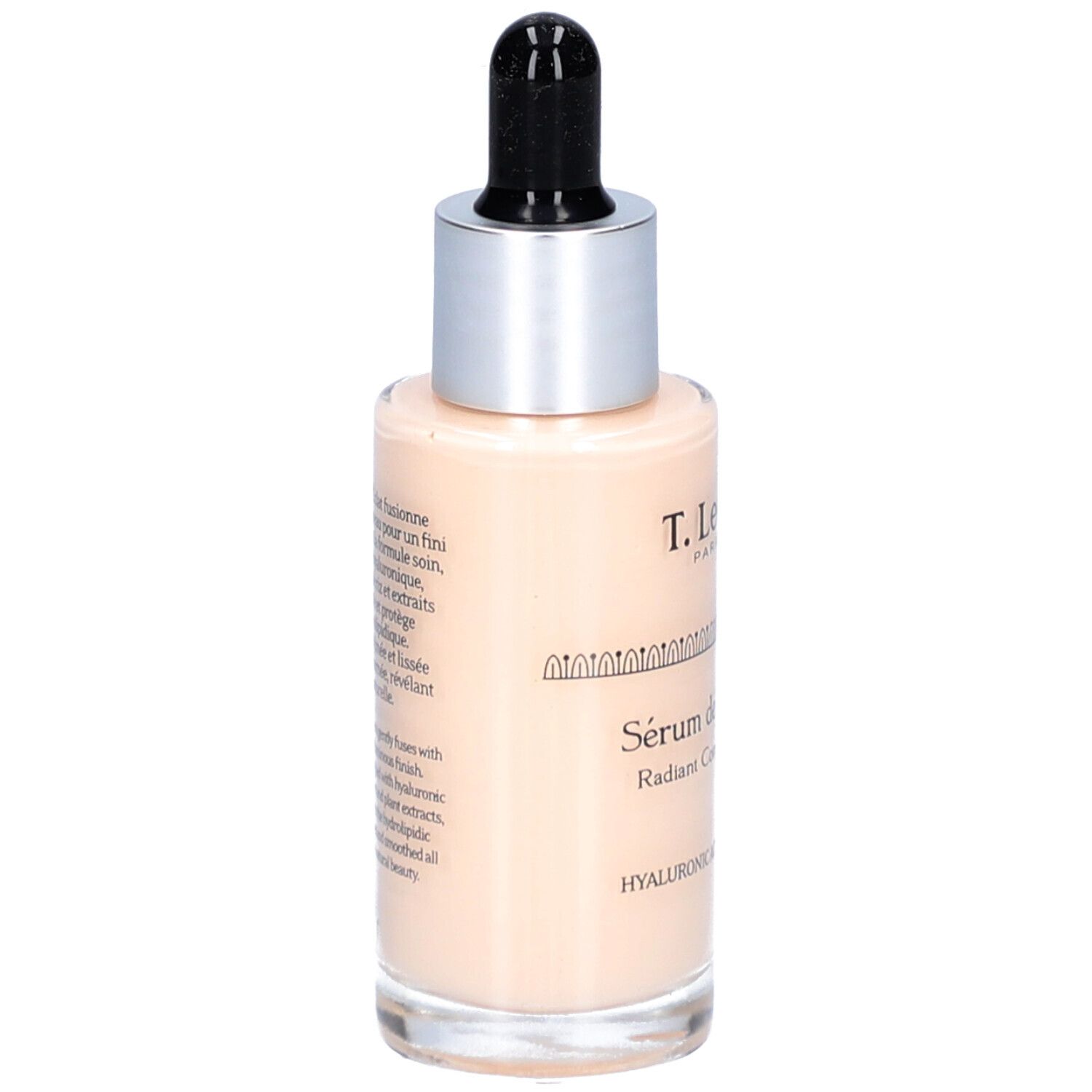 Rückansicht der Serumflasche. Beschriftung: T. LeClerc, Sérum de Teint Éclat. Text auf Französisch.