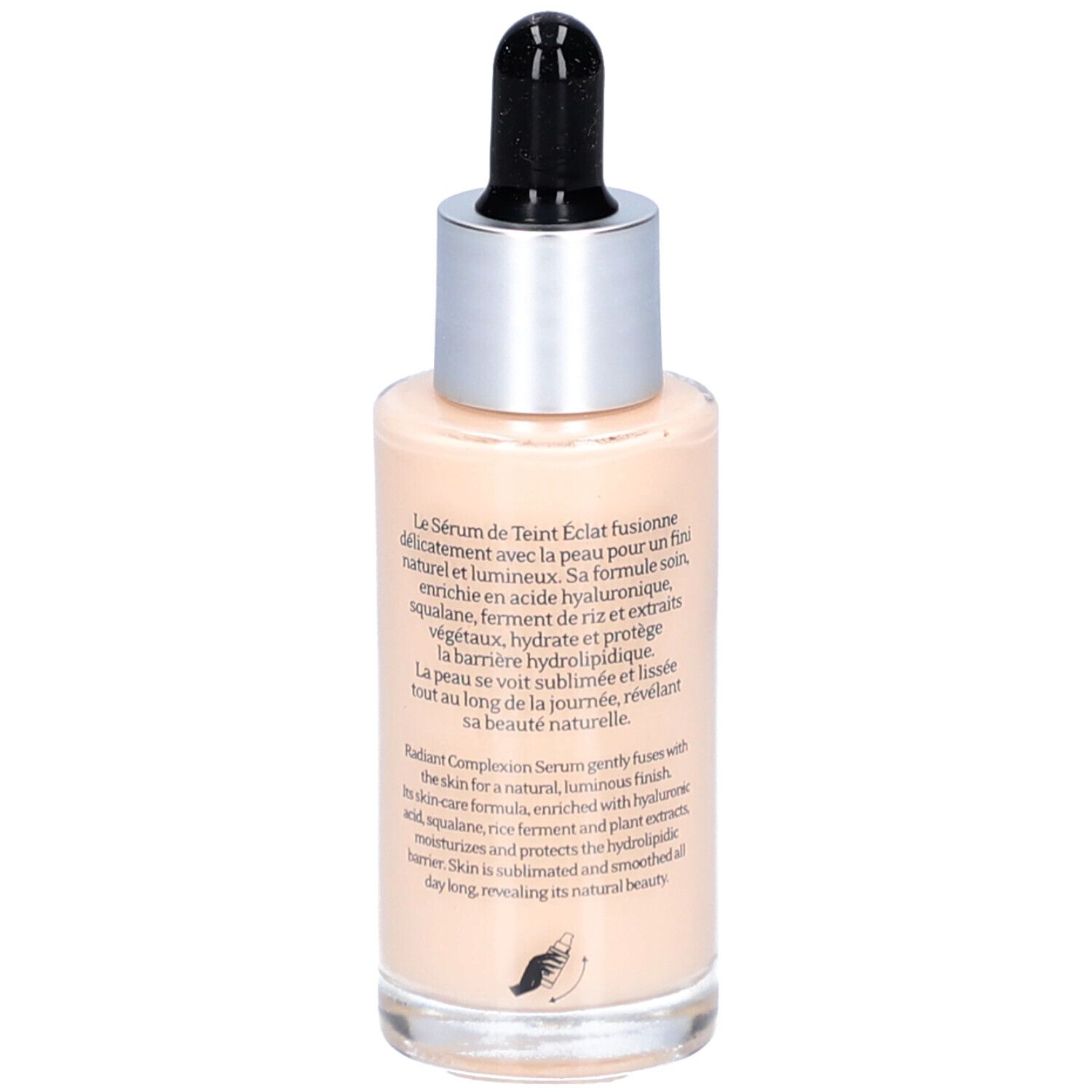 Rückansicht der Serumflasche. Beschriftung: T. LeClerc, Sérum de Teint Éclat. Text auf Französisch.