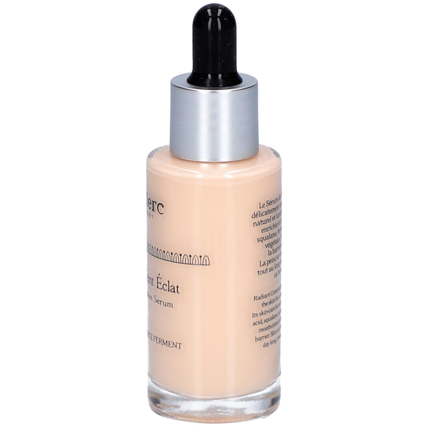 Rückansicht der Serumflasche. Beschriftung: T. LeClerc, Sérum de Teint Éclat. Text auf Französisch.