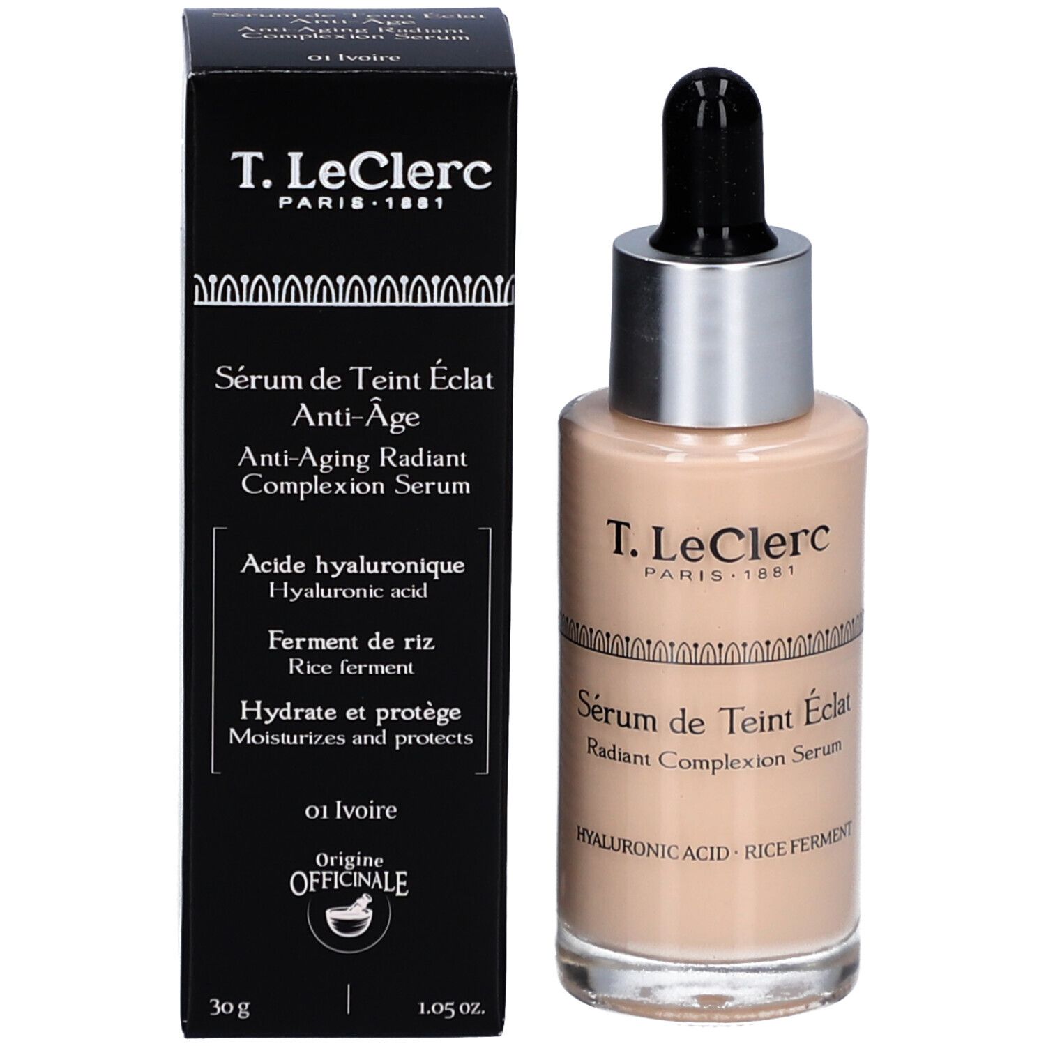 Serumflasche und Schachtel. Schachtel: T. LeClerc, Sérum de Teint Éclat Anti-Âge. Flasche: T. LeClerc.