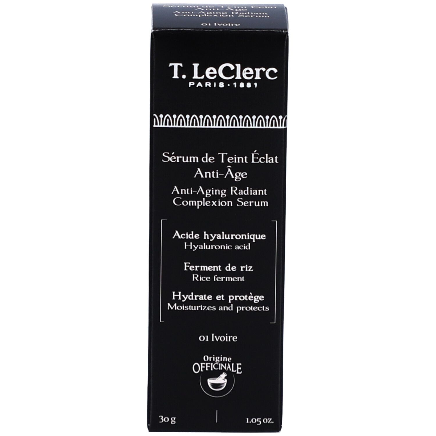 Schachtel mit Serum. Beschriftung: T. LeClerc, Sérum de Teint Éclat Anti-Âge. Inhaltsstoffe und Volumen.