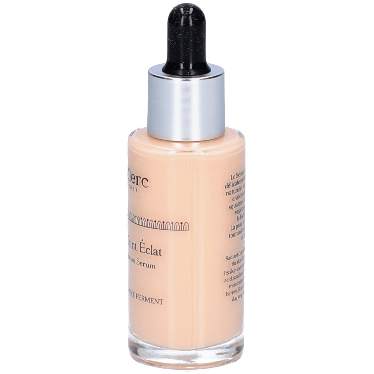 Flakon mit Serum. Glasflasche mit silbernem Deckel und schwarzer Pipette. Beschriftung: T. LeClerc, Sérum de Teint Éclat.