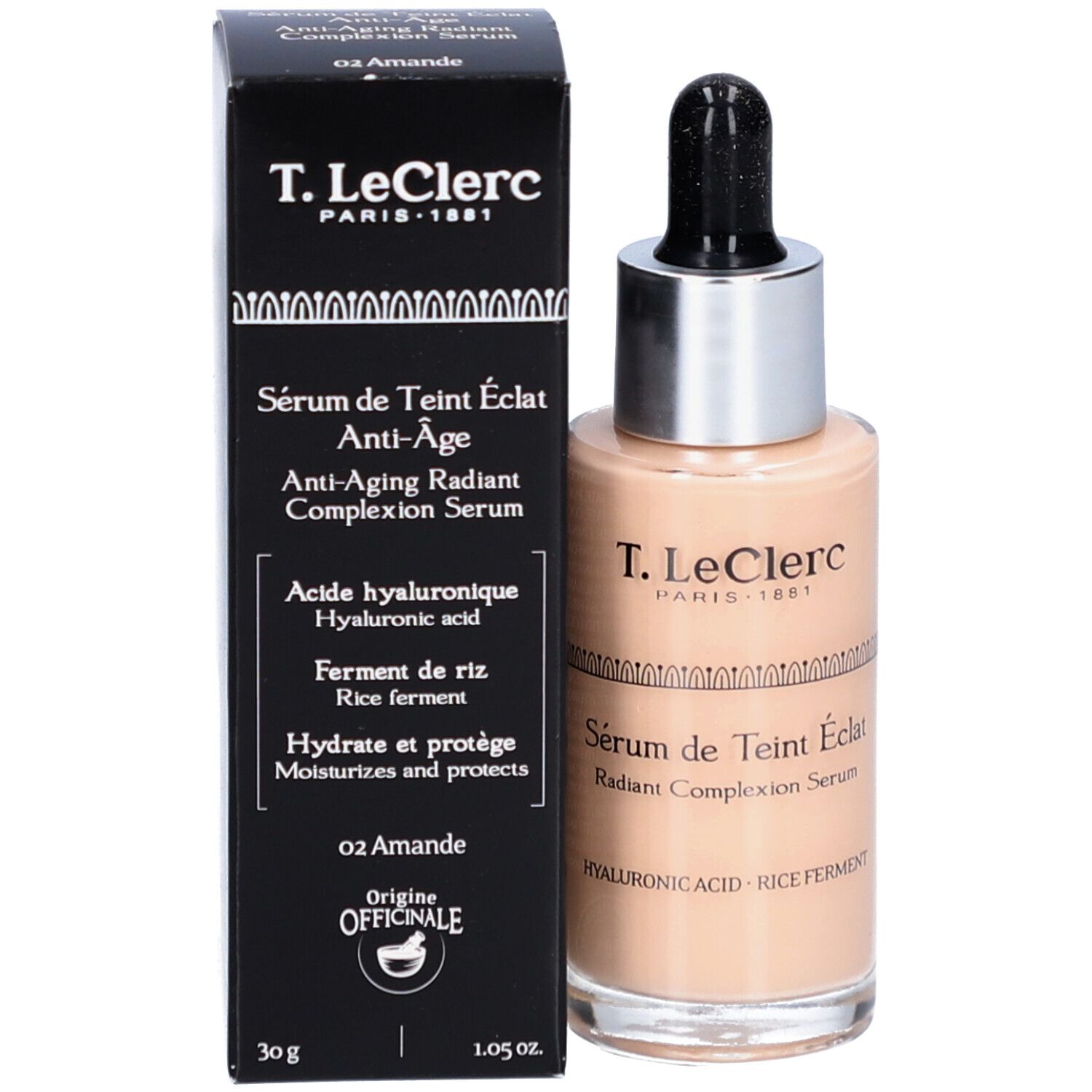 Produktverpackung und Flakon. Schwarzer Karton und Serumflakon. Beschriftung: T. LeClerc, Sérum de Teint Éclat.