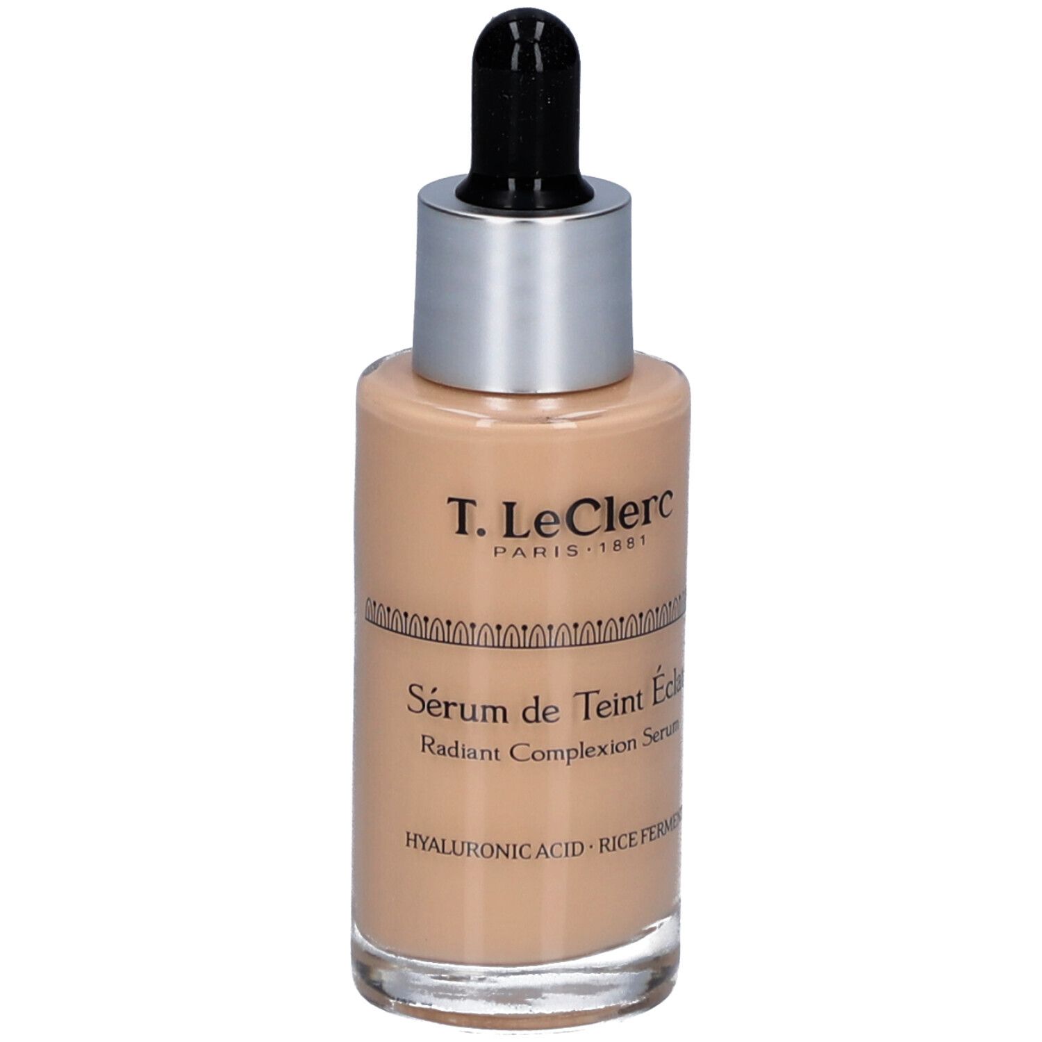 Flakon mit Serum. Aufschrift: T. LeClerc, Sérum de Teint Éclat, Radiant Complexion Serum. Mit Pipette.