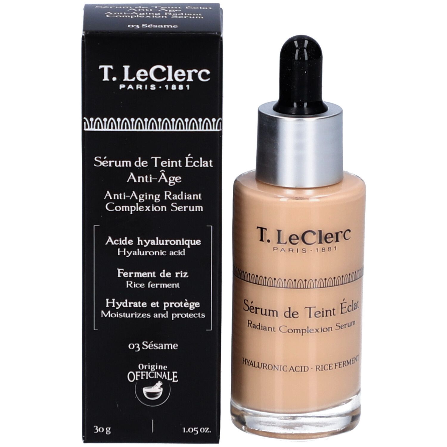 Serumflakon und Schachtel. Aufschrift: T. LeClerc, Sérum de Teint Éclat Anti-Âge. Mit Pipette.