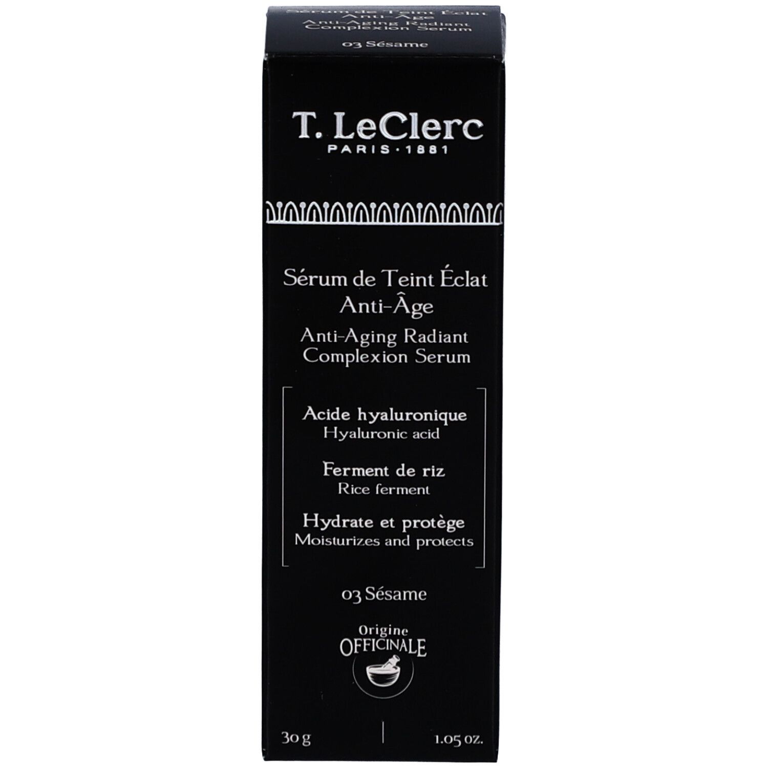 Schachtel mit Serum. Aufschrift: T. LeClerc, Sérum de Teint Éclat Anti-Âge. Text in Französisch.