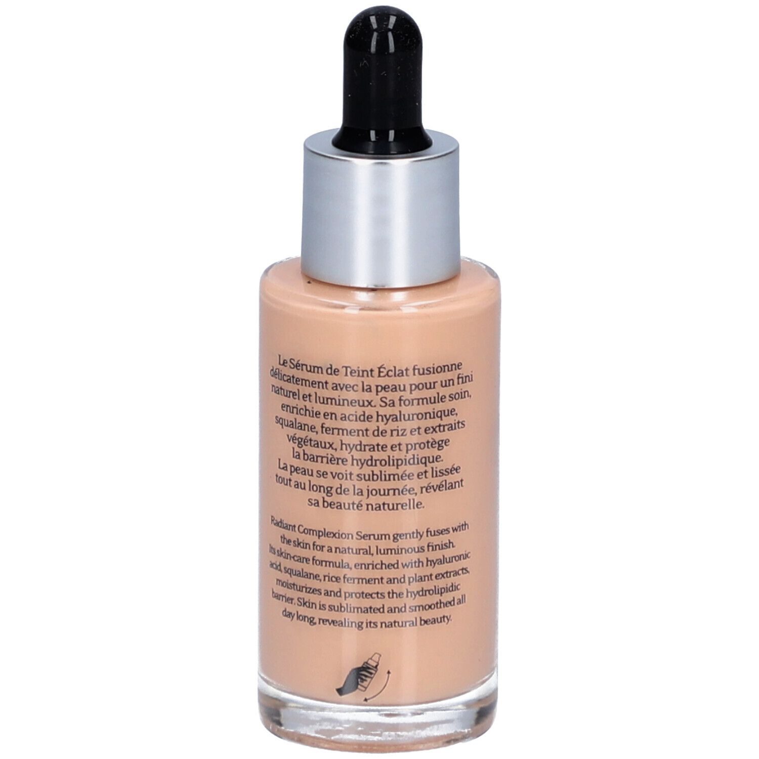 Rückseite der T.LeClerc Serumflasche. Text in Französisch und Englisch. Beige Flüssigkeit, silberner Deckel, schwarze Pipette.