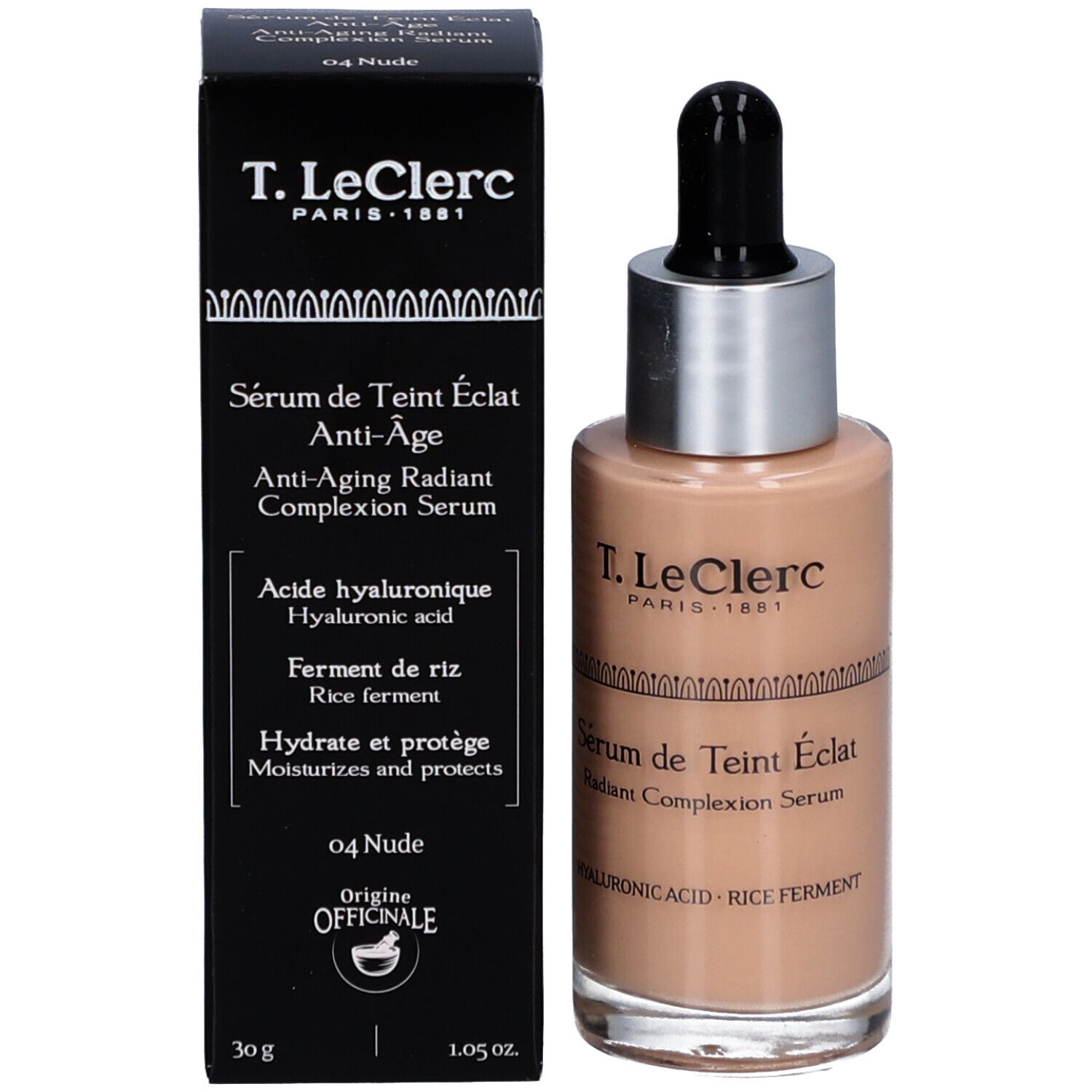 T.LeClerc Serum und Verpackung. Schwarze Schachtel, Serumflasche. Beschriftung: Sérum de Teint Éclat Anti-Âge, 04 Nude.
