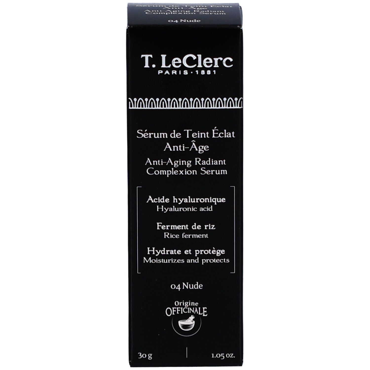 T.LeClerc Serum und Verpackung. Schwarze Schachtel, Beschriftung: Sérum de Teint Éclat Anti-Âge, 04 Nude.