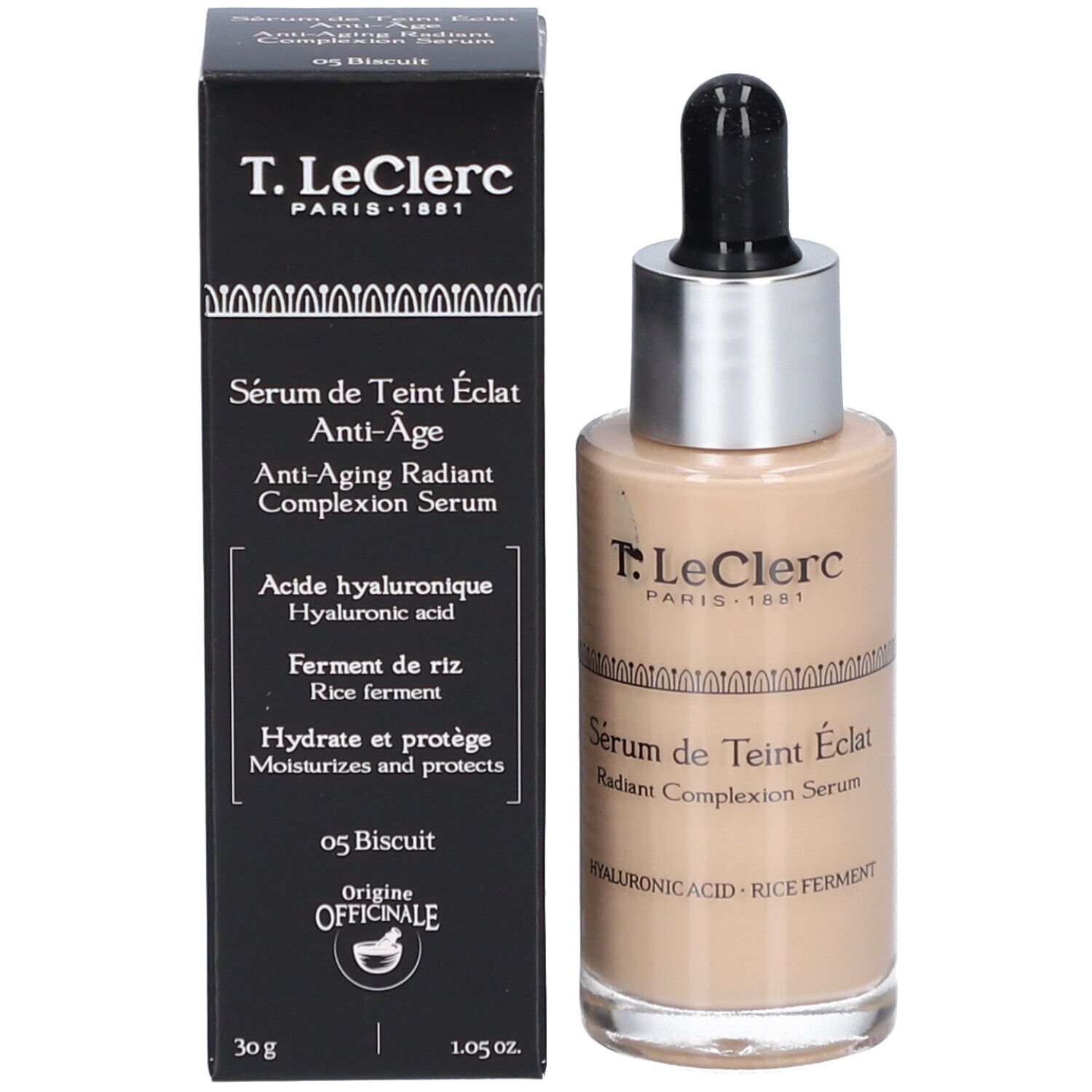 T.LeClerc Serum mit Schachtel. Schwarze Schachtel, Text: Sérum de Teint Éclat Anti-Âge, 05 Biscuit.