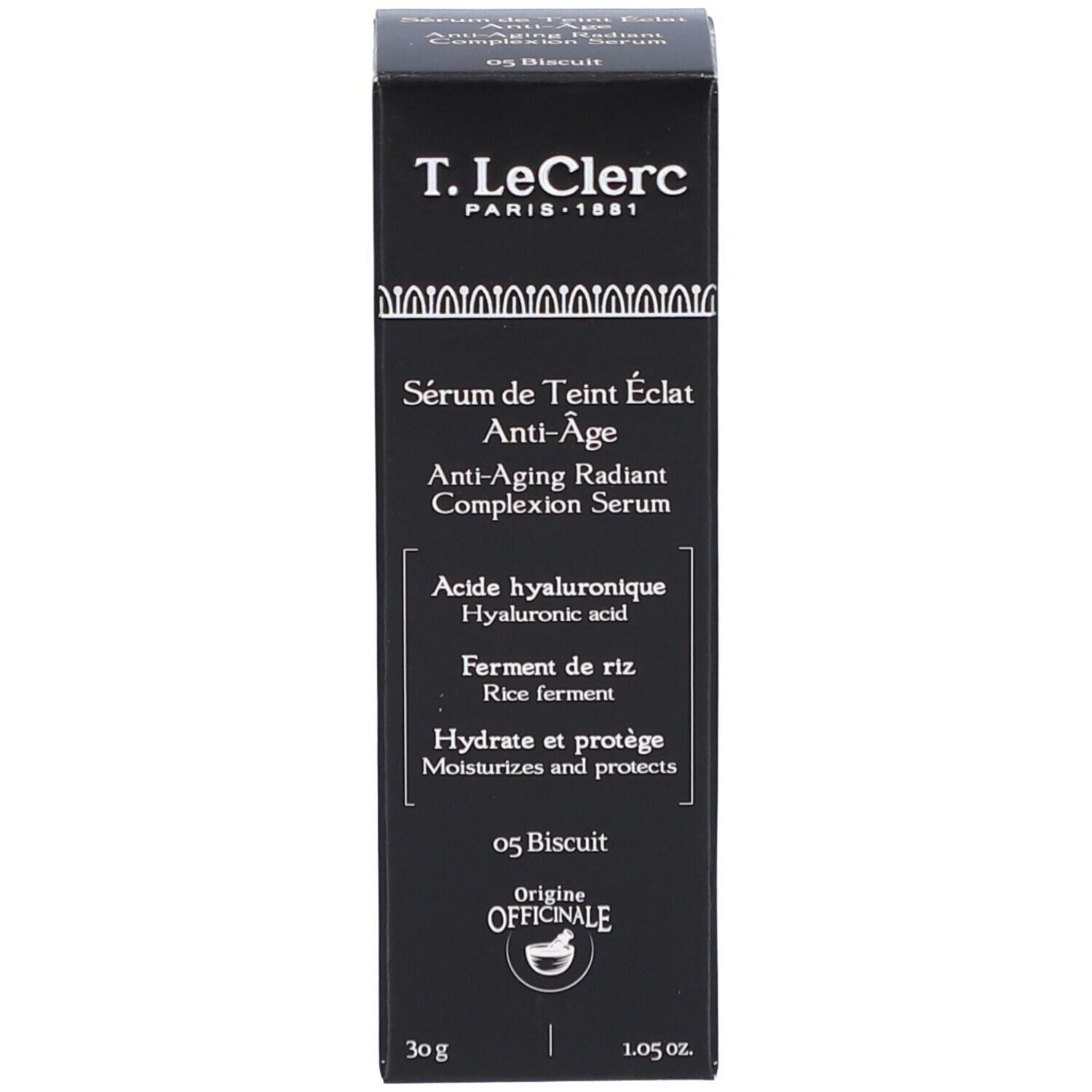 Schwarze Schachtel mit Text: Sérum de Teint Éclat Anti-Âge, 05 Biscuit. Marke T.LeClerc.