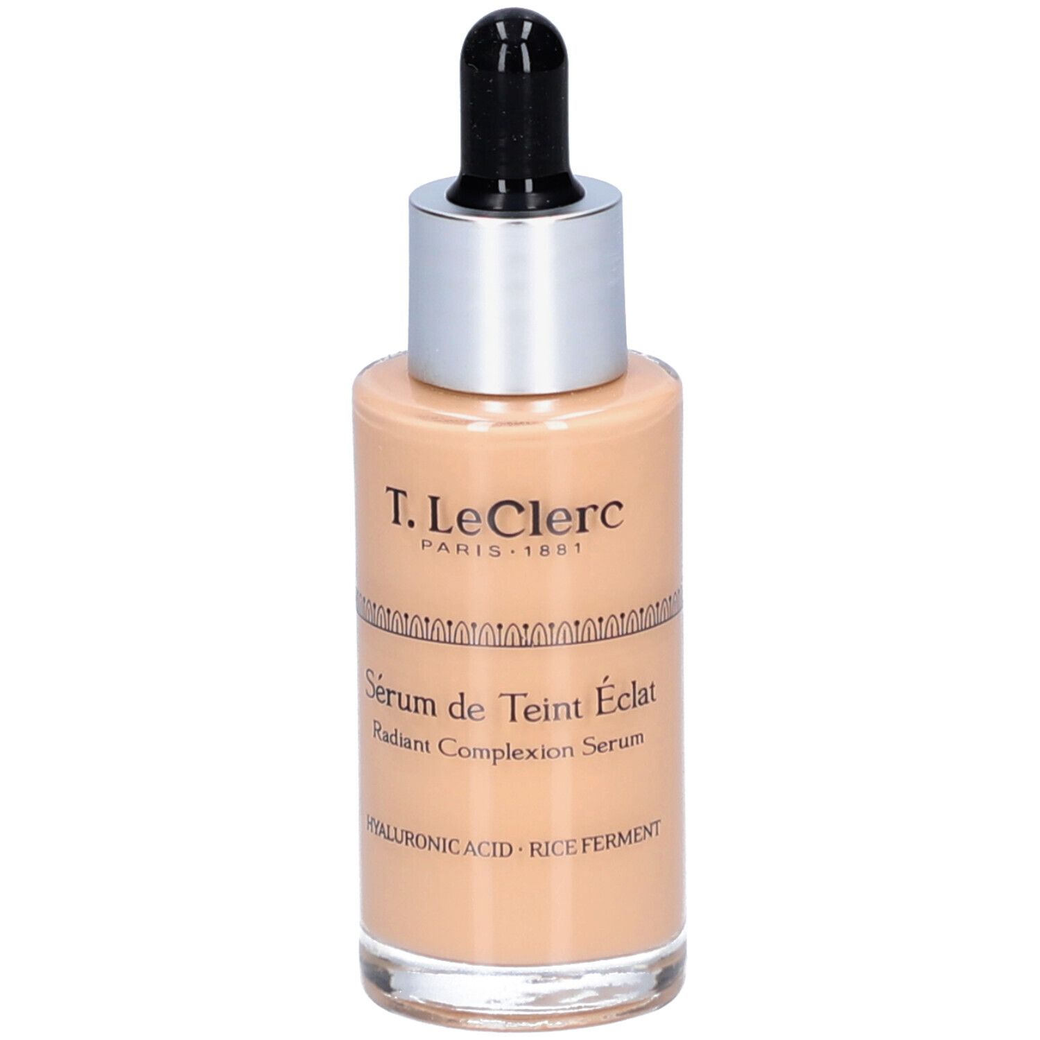 T.LeClerc Serum. Glasflasche mit Pipette. Beige Flüssigkeit. Beschriftung: Sérum de Teint Éclat, Hyaluronsäure, Reisferment.