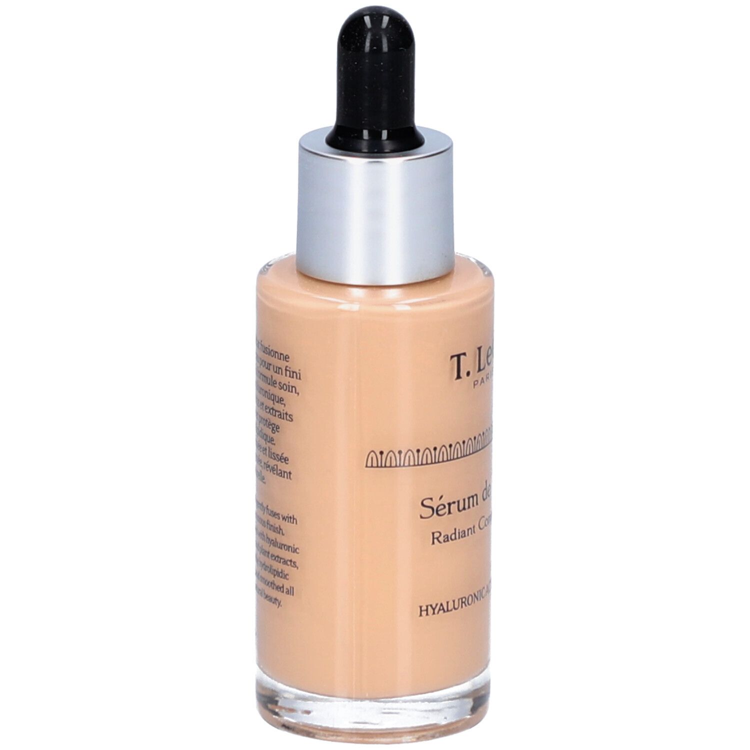 T.LeClerc Serum. Rückseite der Glasflasche mit Pipette. Beige Flüssigkeit. Beschriftung: Sérum de Teint Éclat, Inhaltsstoffe.