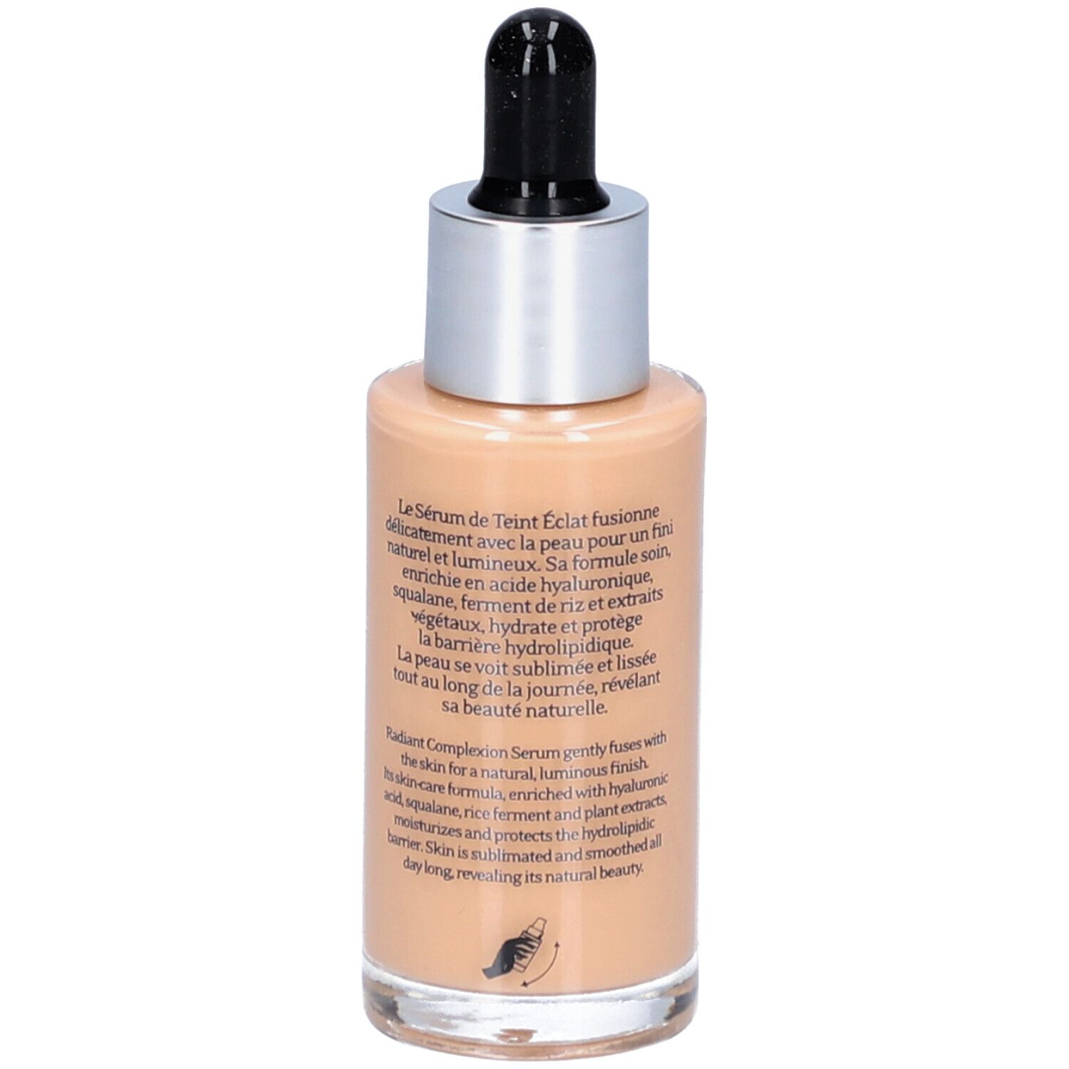 T.LeClerc Serum. Rückseite der Glasflasche mit Pipette. Beige Flüssigkeit. Text über Inhaltsstoffe und Wirkung.