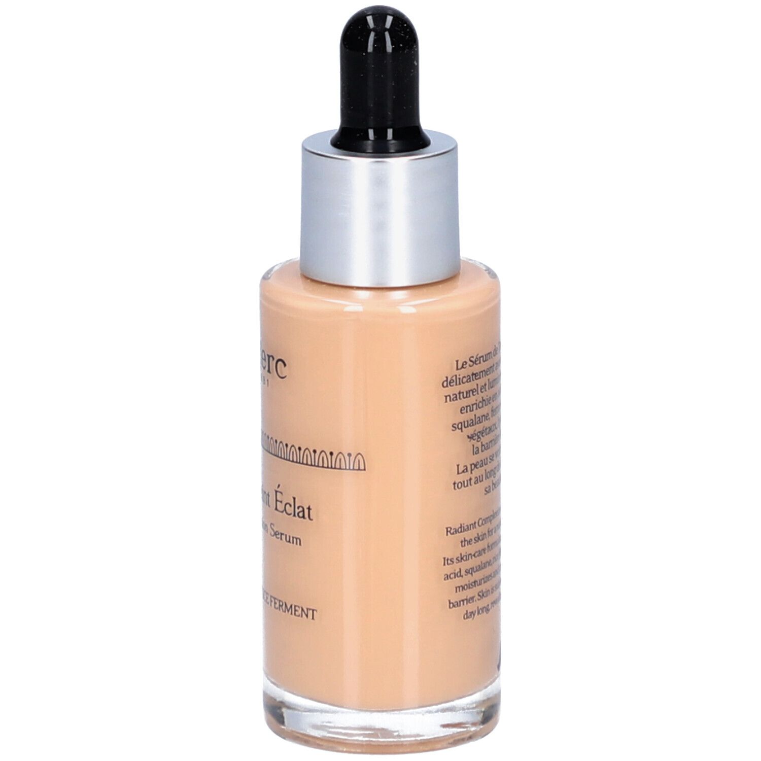 T.LeClerc Serum. Rückseite der Glasflasche mit Pipette. Beige Flüssigkeit. Beschriftung: Sérum de Teint Éclat, Inhaltsstoffe.