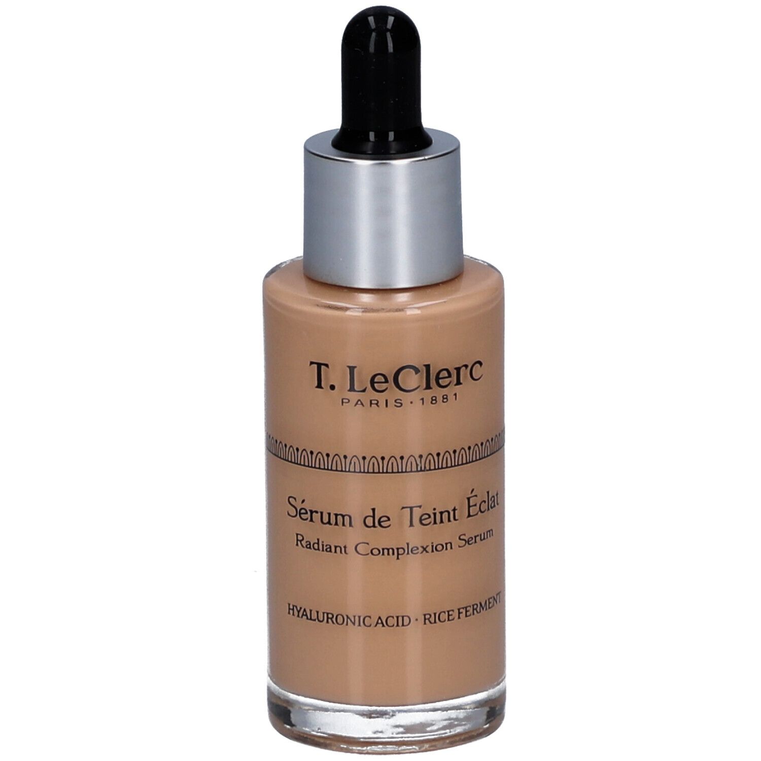 T.LeClerc Serum. Glasflasche mit Pipette. Beige Flüssigkeit. Beschriftung: Sérum de Teint Éclat, Hyaluronsäure, Reisferment.