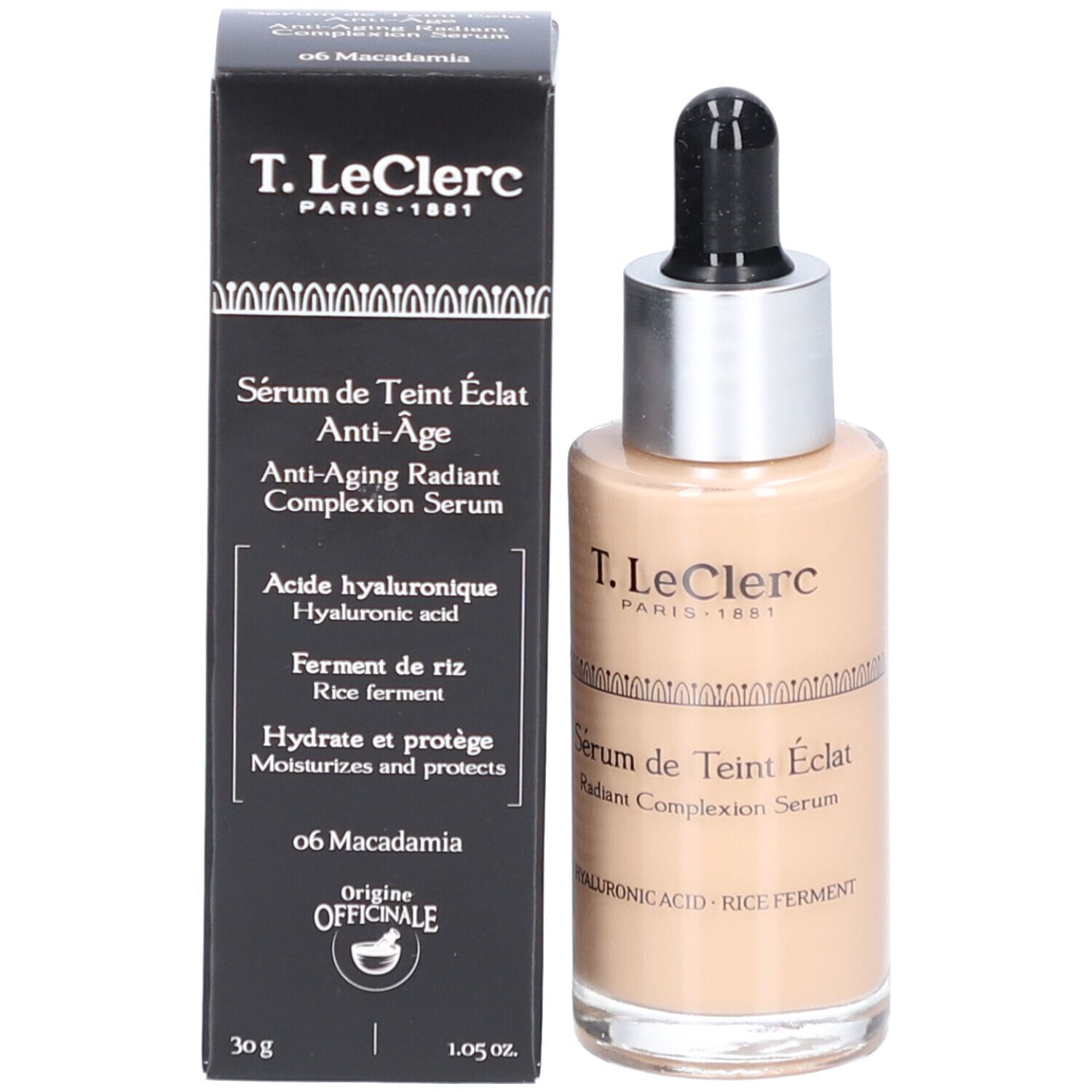 T.LeClerc Serum mit Verpackung. Schwarzer Karton und Glasflasche. Beschriftung: Sérum de Teint Éclat Anti-Âge.