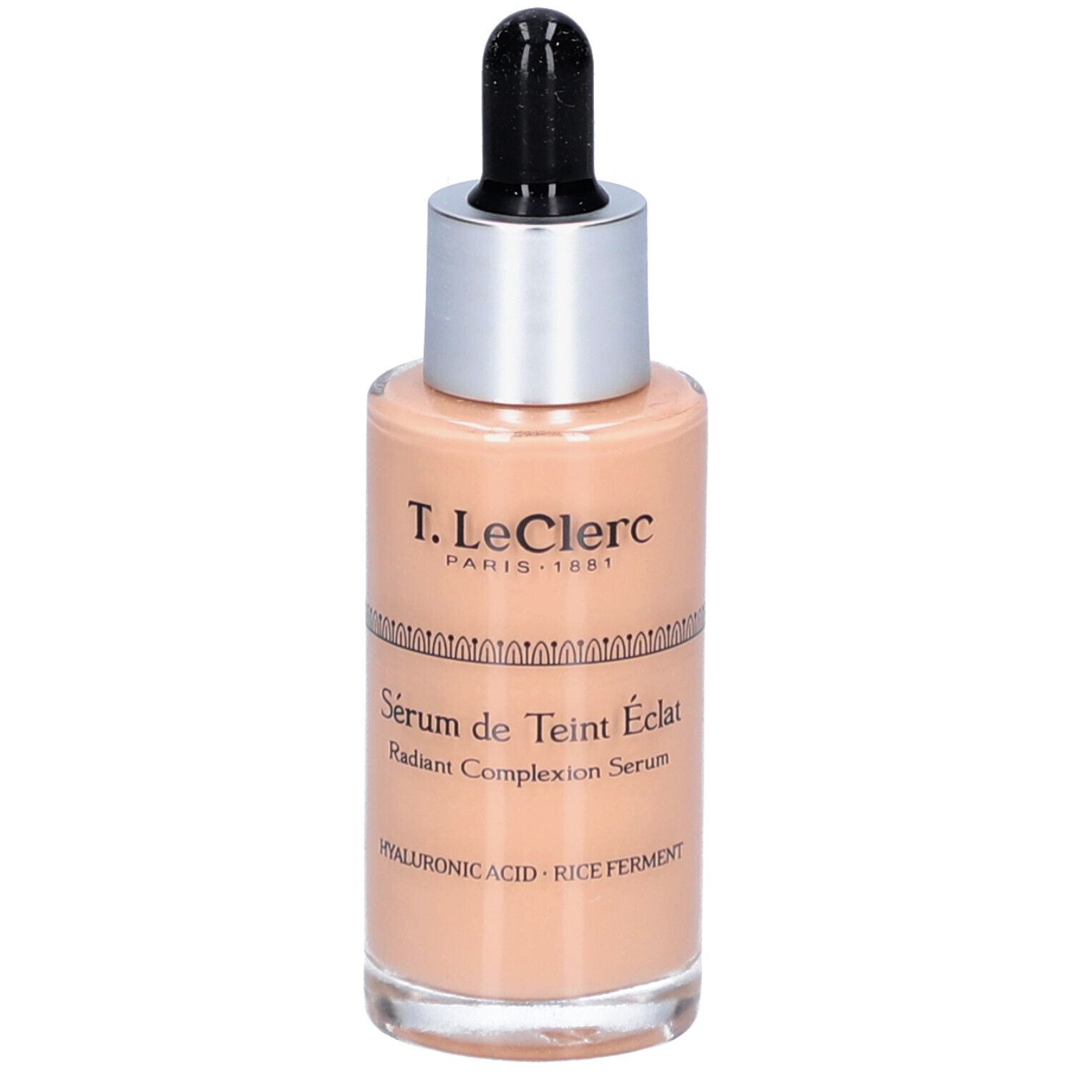 Flakon mit Serum. Glasflasche mit silbernem Deckel und schwarzer Pipette. Beschriftung: T. LeClerc, Sérum de Teint Éclat.