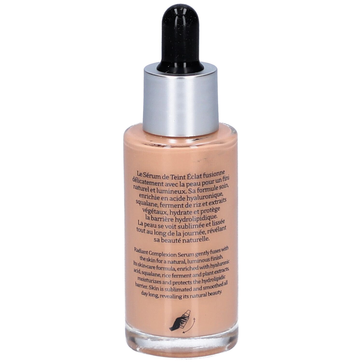 Rückansicht des Serumflakons. Glasflasche mit silbernem Deckel und schwarzer Pipette. Text auf der Flasche.