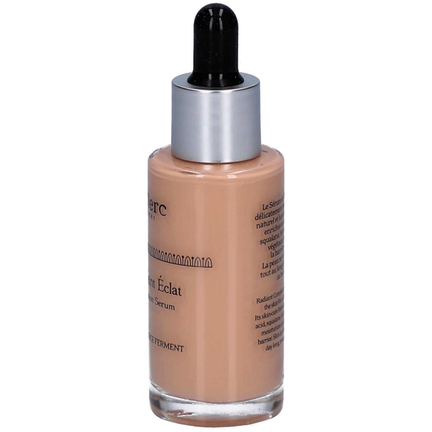 Rückansicht des Serumflakons. Glasflasche mit silbernem Deckel und schwarzer Pipette. Text auf der Flasche.