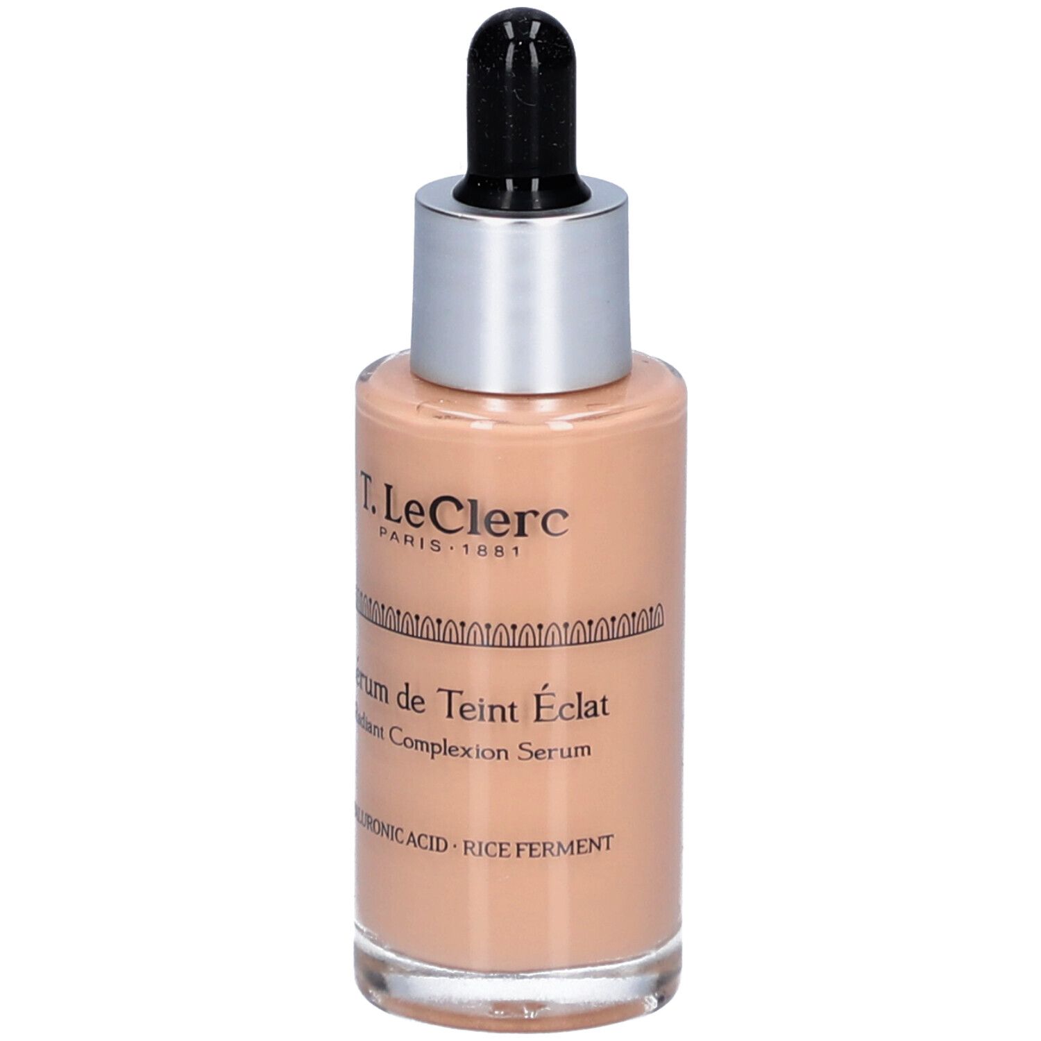 Flakon mit Serum. Glasflasche mit silbernem Deckel und schwarzer Pipette. Beschriftung: T. LeClerc, Sérum de Teint Éclat.