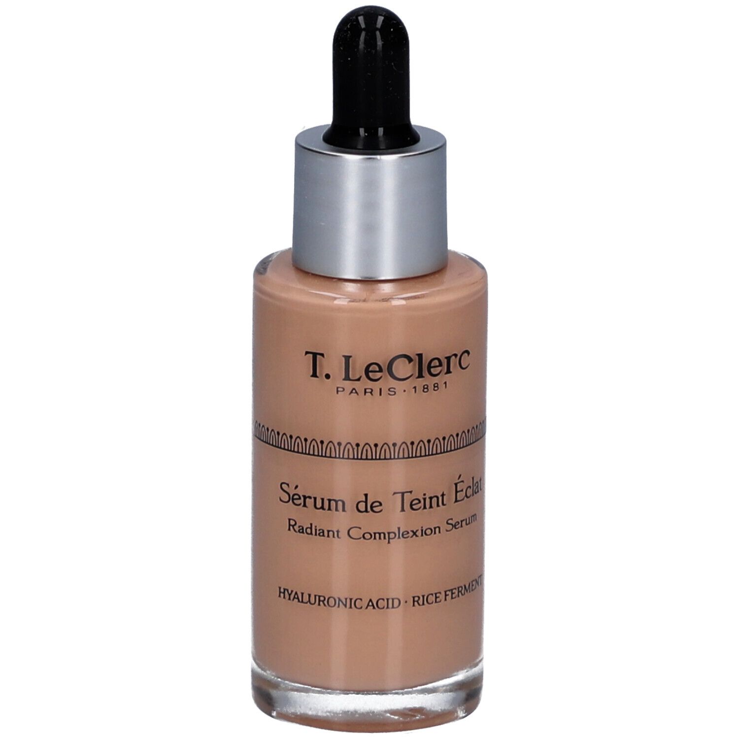 Flakon mit Serum. Glasflasche mit silbernem Deckel und schwarzer Pipette. Beschriftung: T. LeClerc, Sérum de Teint Éclat.