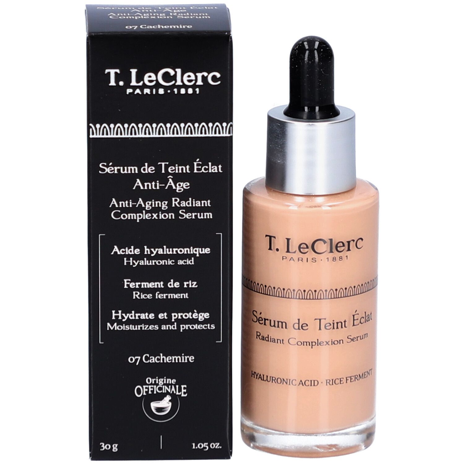 Serumflakon und Verpackung. Schwarzer Karton mit Produktinformationen. Flakon mit silbernem Deckel und Pipette.