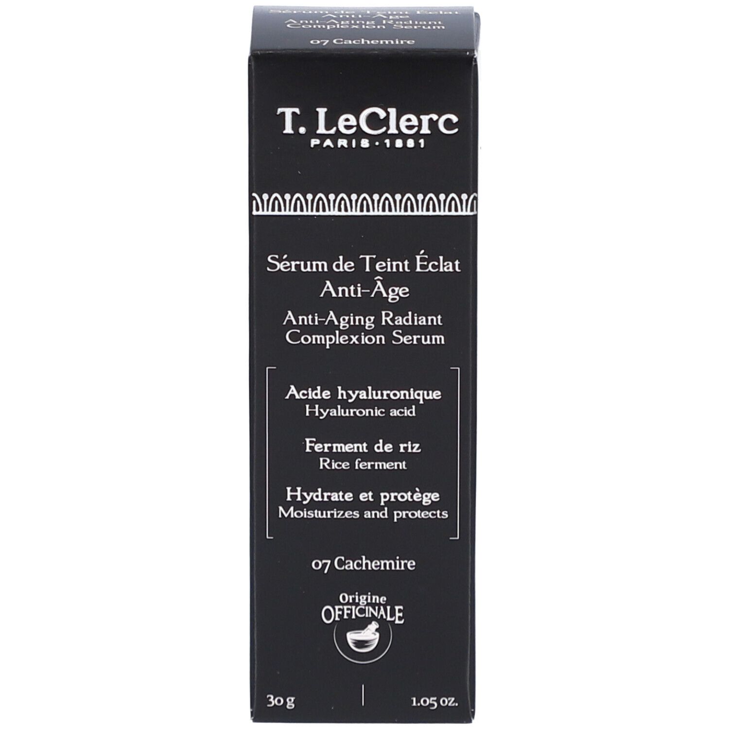 Verpackung. Schwarzer Karton mit Produktinformationen. Beschriftung: T. LeClerc, Sérum de Teint Éclat Anti-Âge.