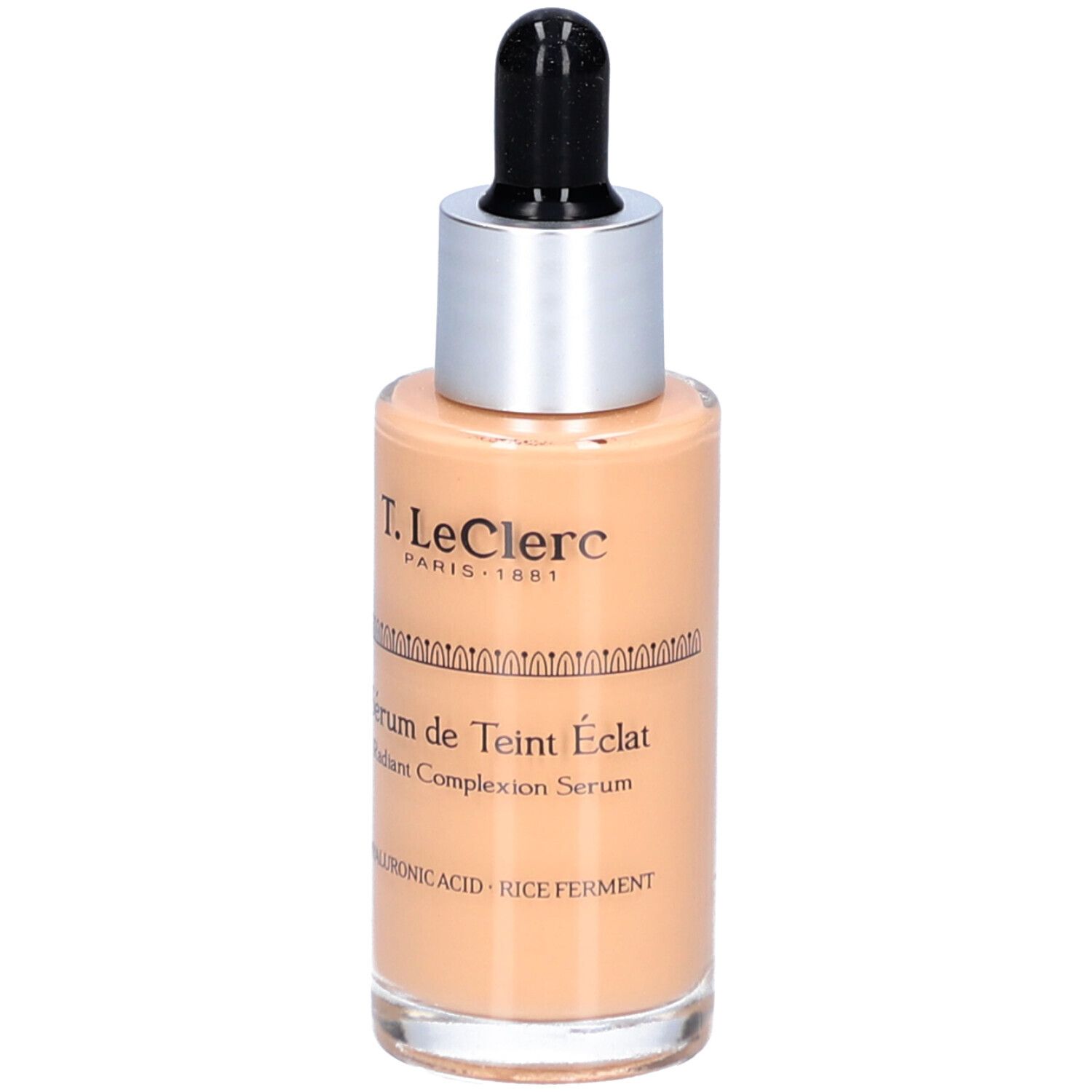 Serumflasche mit Pipette. Aufschrift: T. LeClerc Paris, Sérum de Teint Éclat, Radiant Complexion Serum. Enthält Hyaluronsäure und Reisferment.