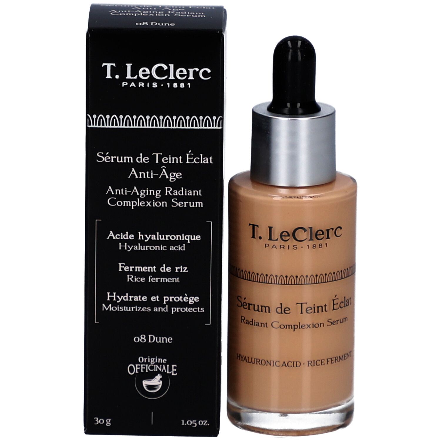 Serumflasche und Verpackung. Aufschrift: T. LeClerc Paris, Sérum de Teint Éclat Anti-Âge, 08 Dune. Enthält Hyaluronsäure und Reisferment.