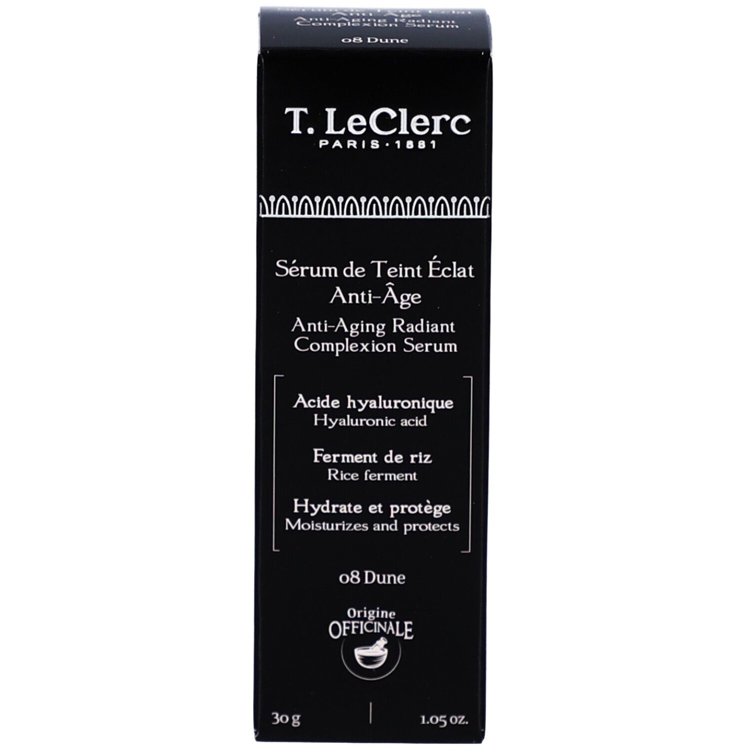 Verpackung. Aufschrift: T. LeClerc Paris, Sérum de Teint Éclat Anti-Âge, 08 Dune. Enthält Hyaluronsäure und Reisferment. 30g, 1.05 oz.