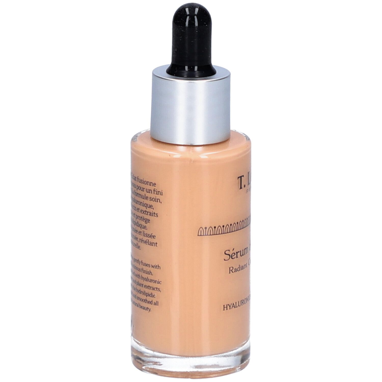 Serumflasche mit Pipette. Aufschrift: T.LeClerc, Sérum de Teint Éclat, Radiant Complexion Serum. Rückseite.