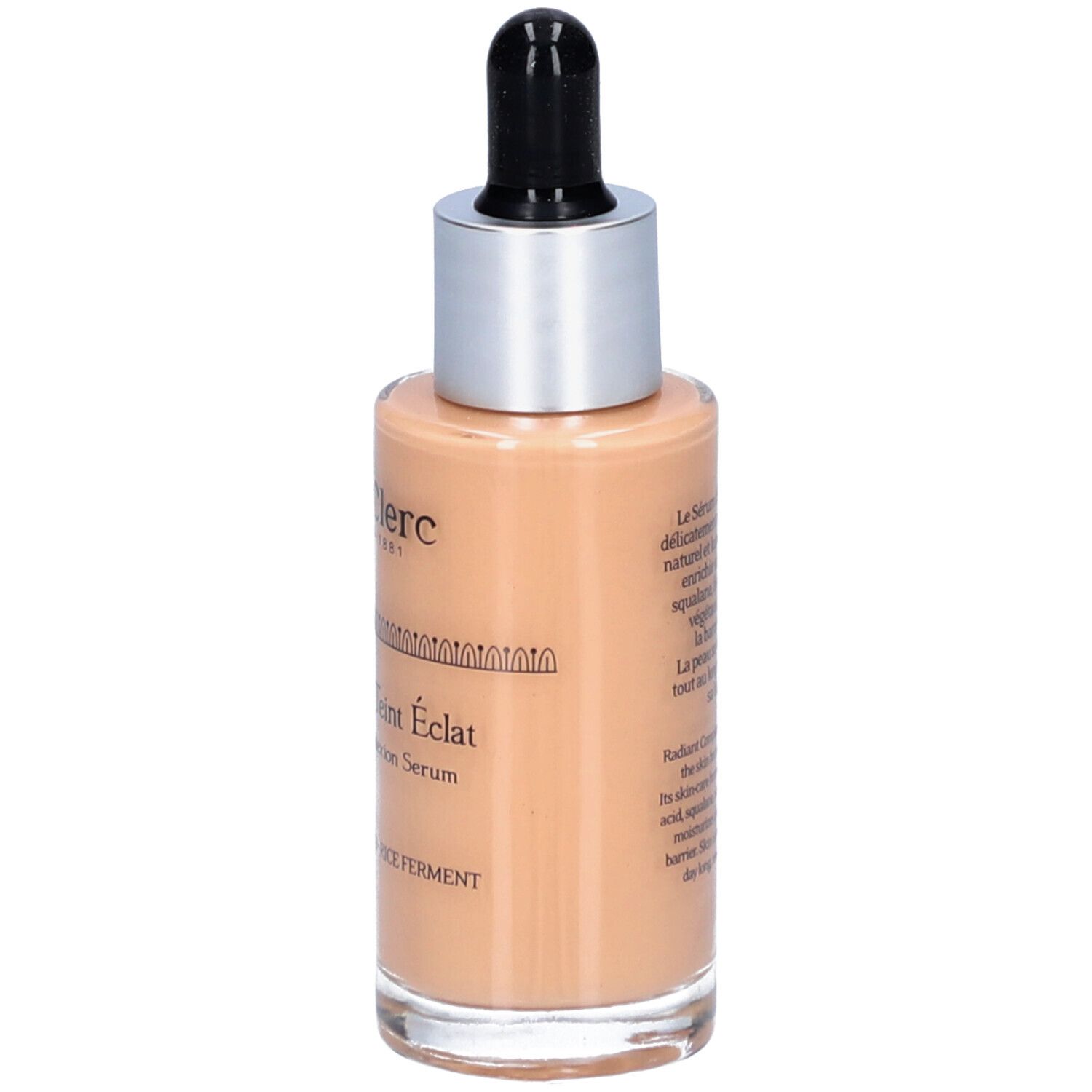 Serumflasche mit Pipette. Aufschrift: T.LeClerc, Sérum de Teint Éclat, Radiant Complexion Serum. Rückseite.