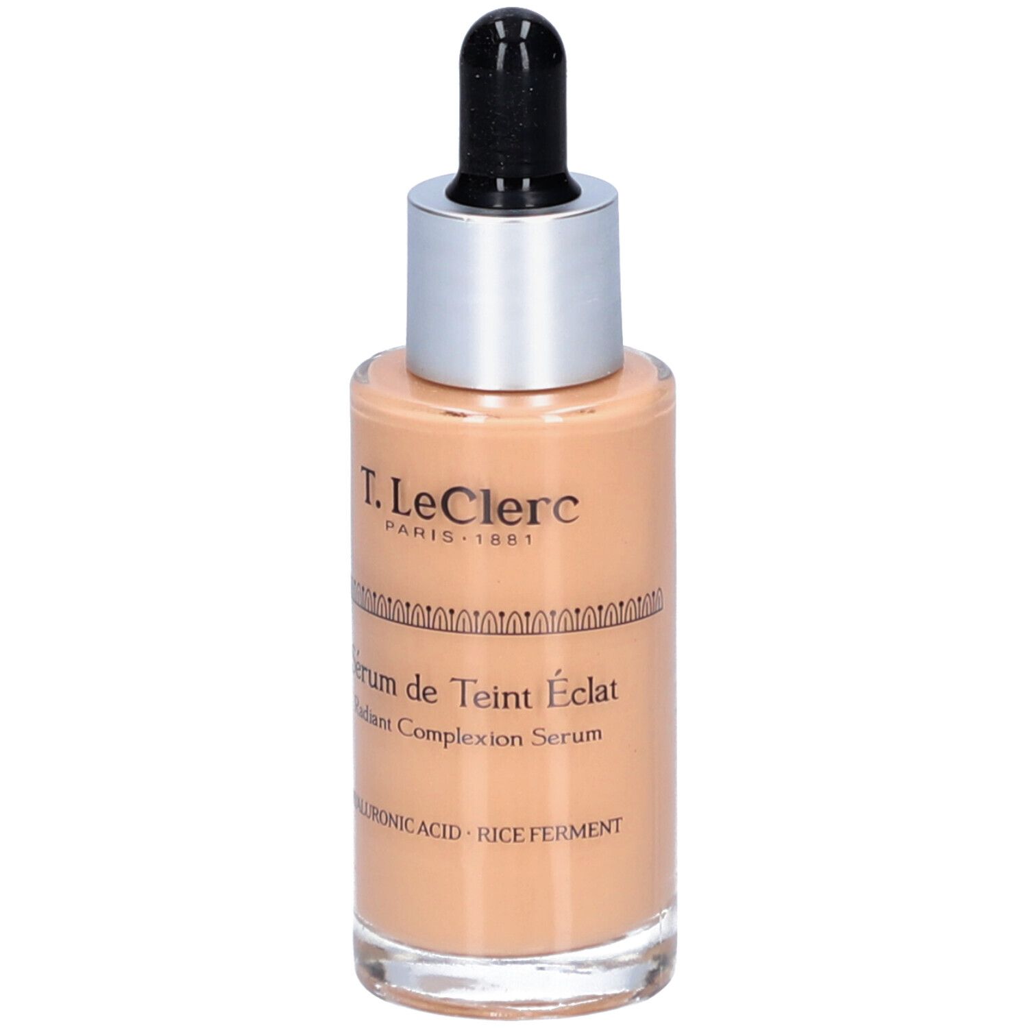 Serumflasche mit Pipette. Aufschrift: T.LeClerc, Sérum de Teint Éclat, Radiant Complexion Serum.