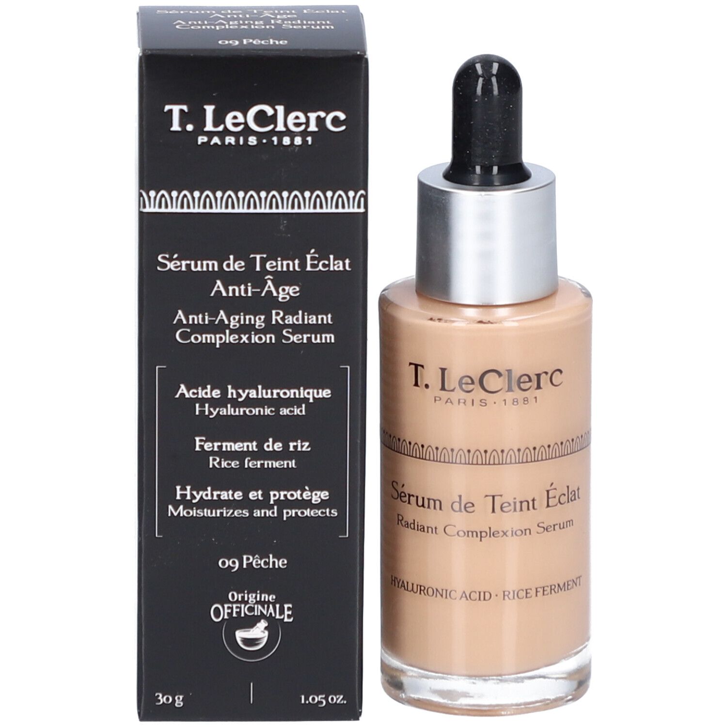 Produkt und Verpackung. Aufschrift: T.LeClerc, Sérum de Teint Éclat Anti-Âge, 09 Pêche, 30g, 1.05 oz.